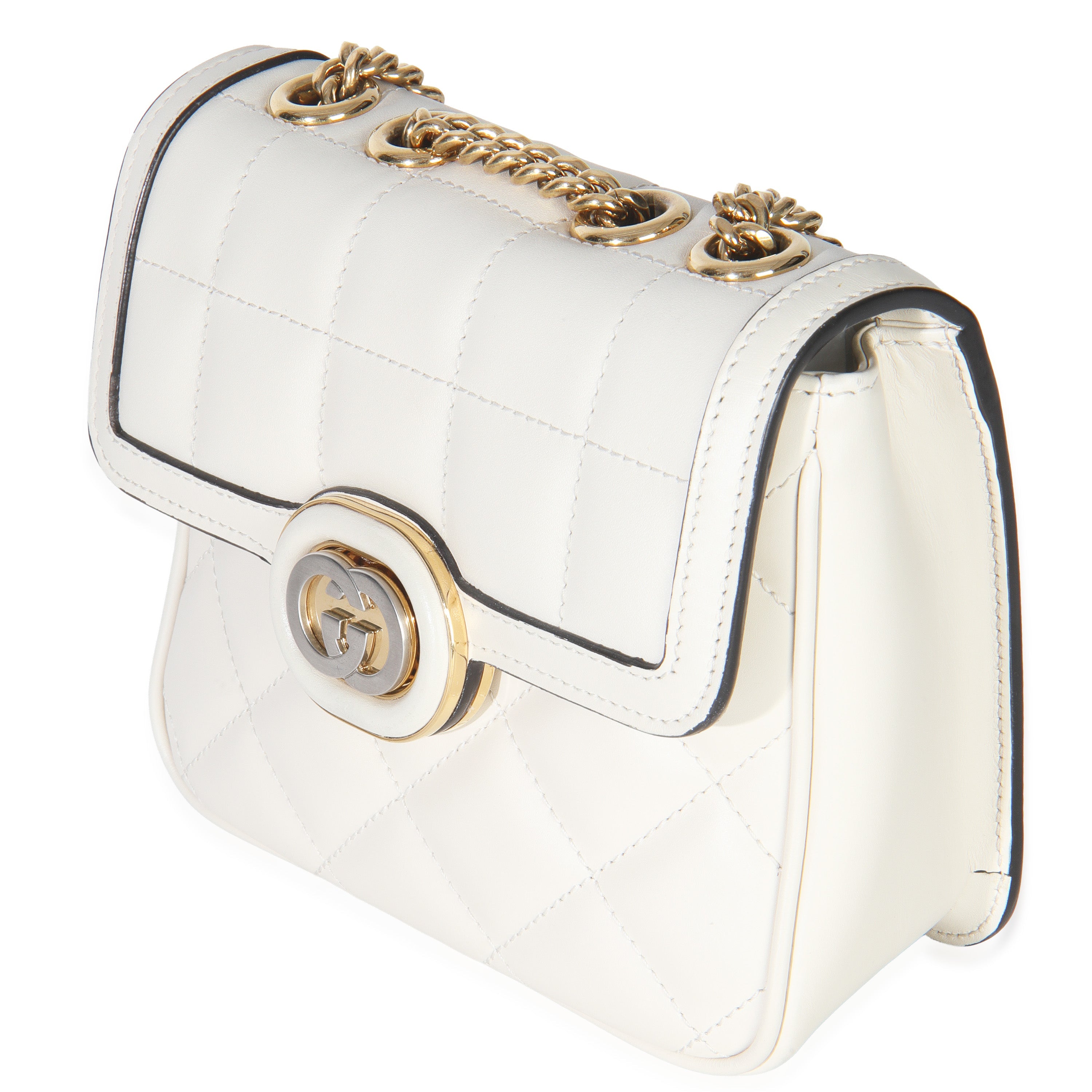 White Quilted Calfskin Mini Deco Chain Bag