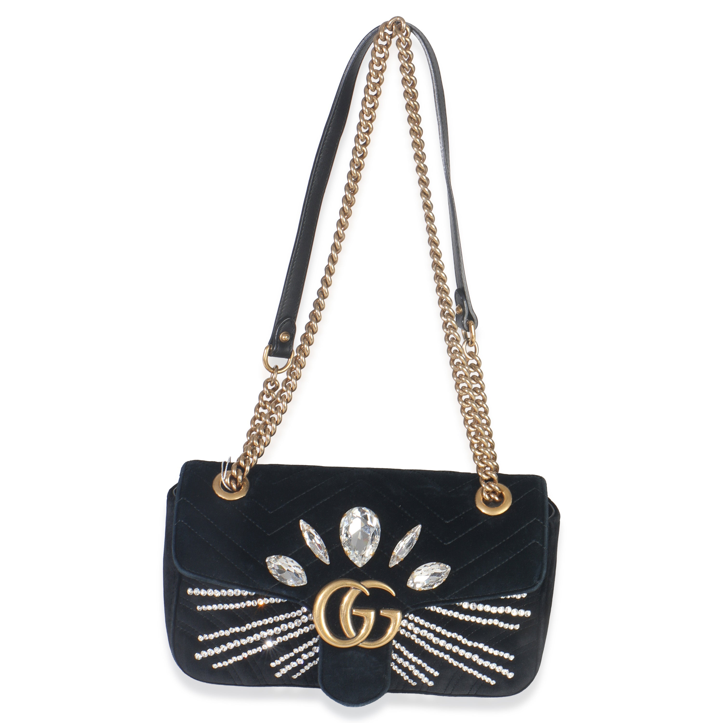 Black Velvet Crystal Embellished Medium GG Marmont Shoulder Bag