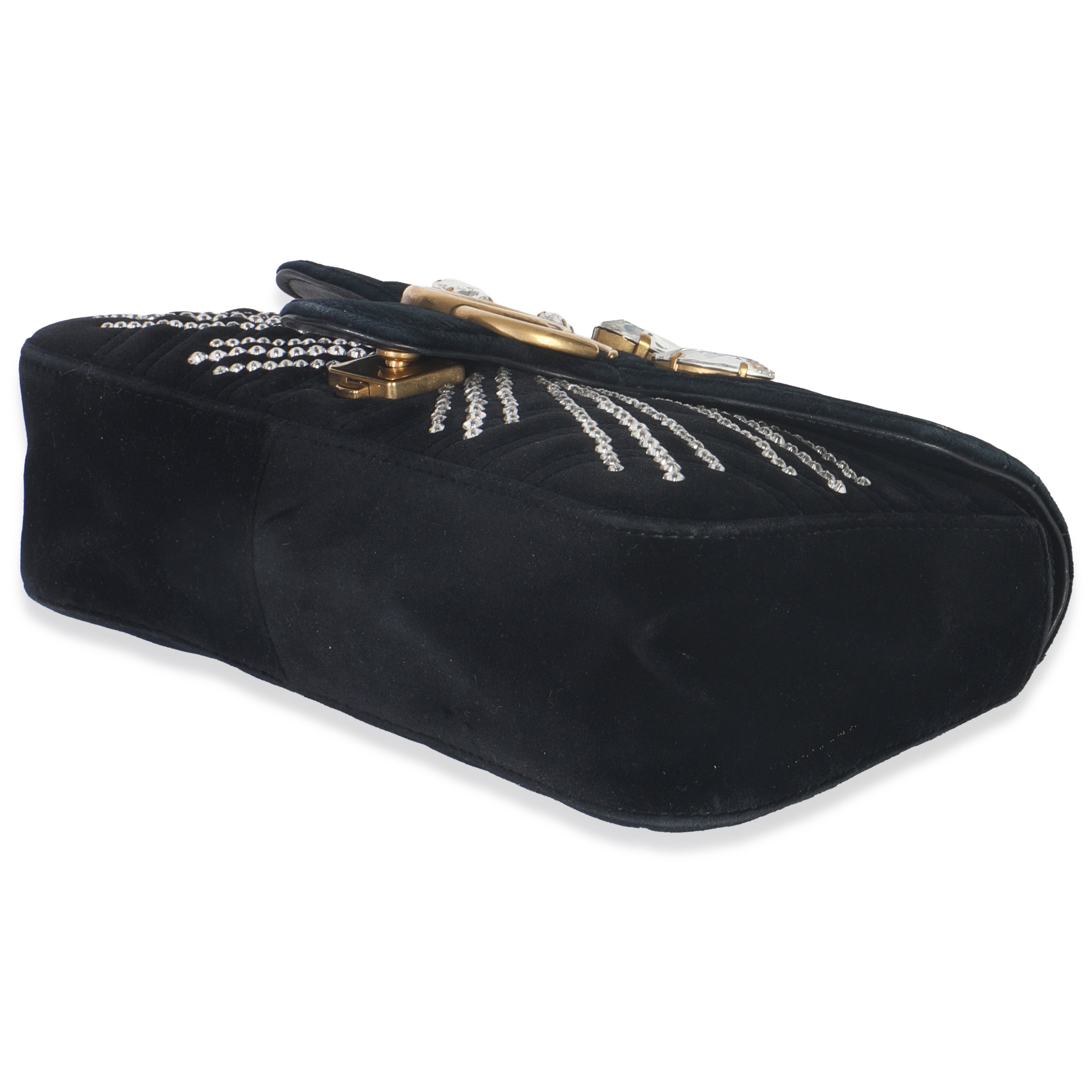 Black Velvet Crystal Embellished Medium GG Marmont Shoulder Bag