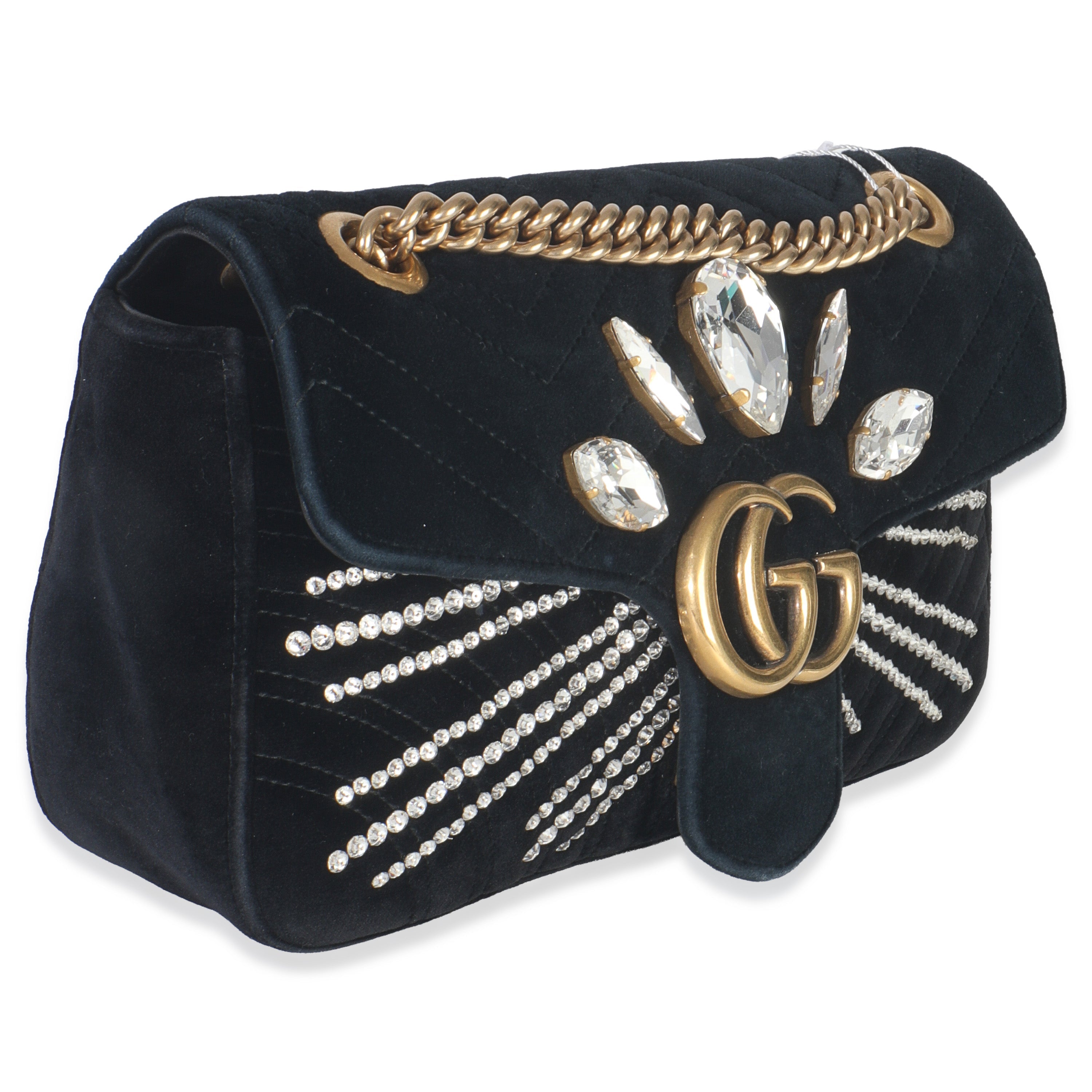 Black Velvet Crystal Embellished Medium GG Marmont Shoulder Bag
