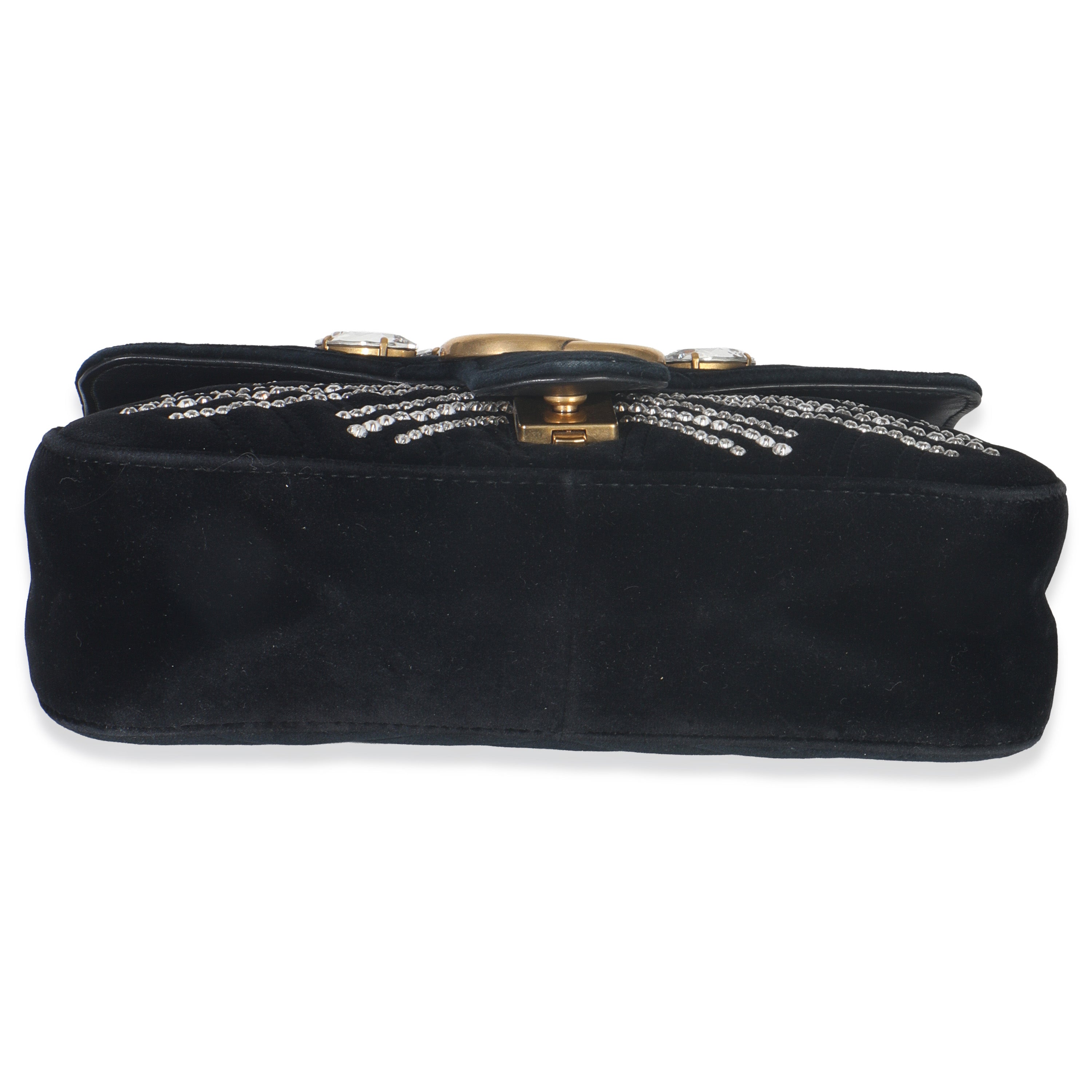 Black Velvet Crystal Embellished Medium GG Marmont Shoulder Bag