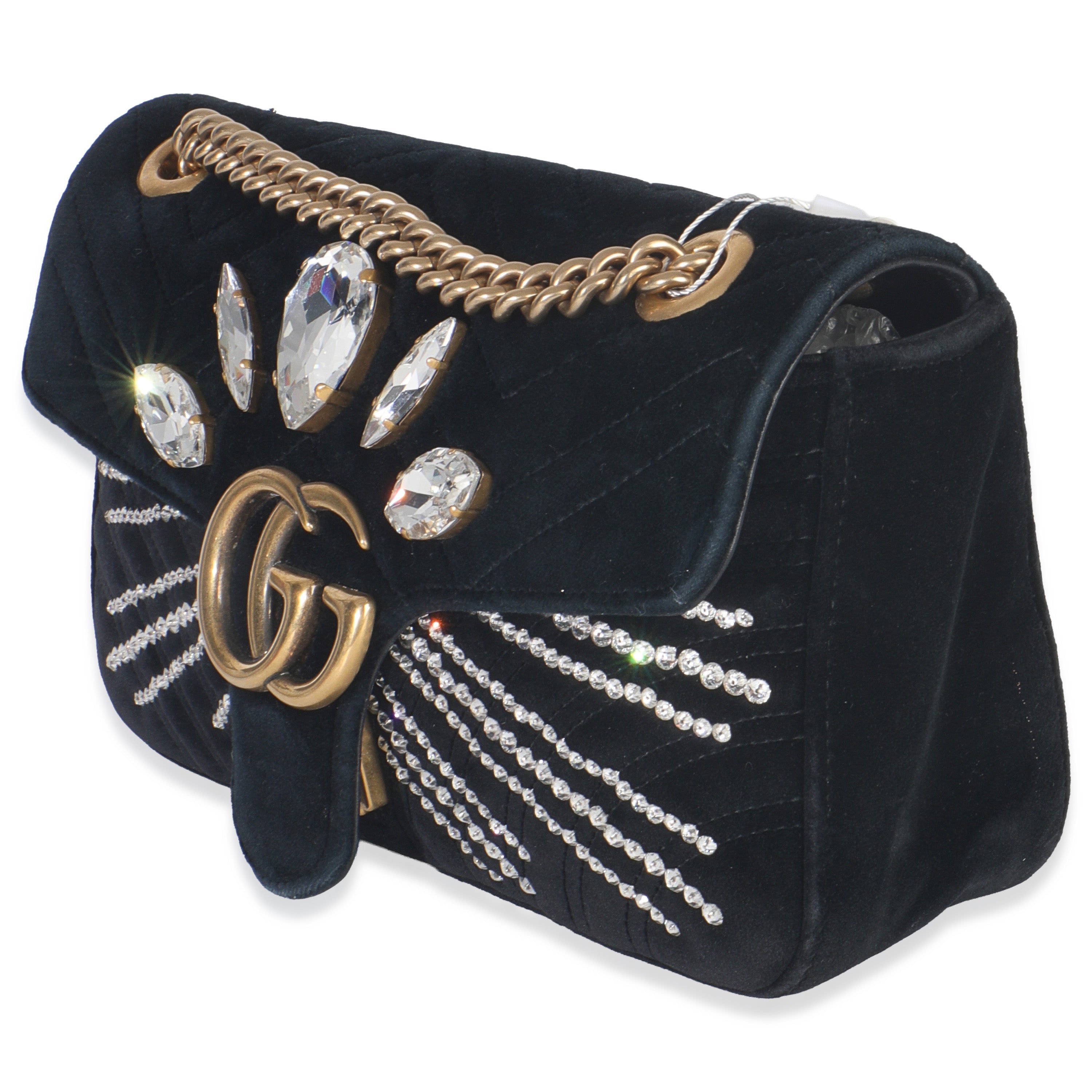 Black Velvet Crystal Embellished Medium GG Marmont Shoulder Bag