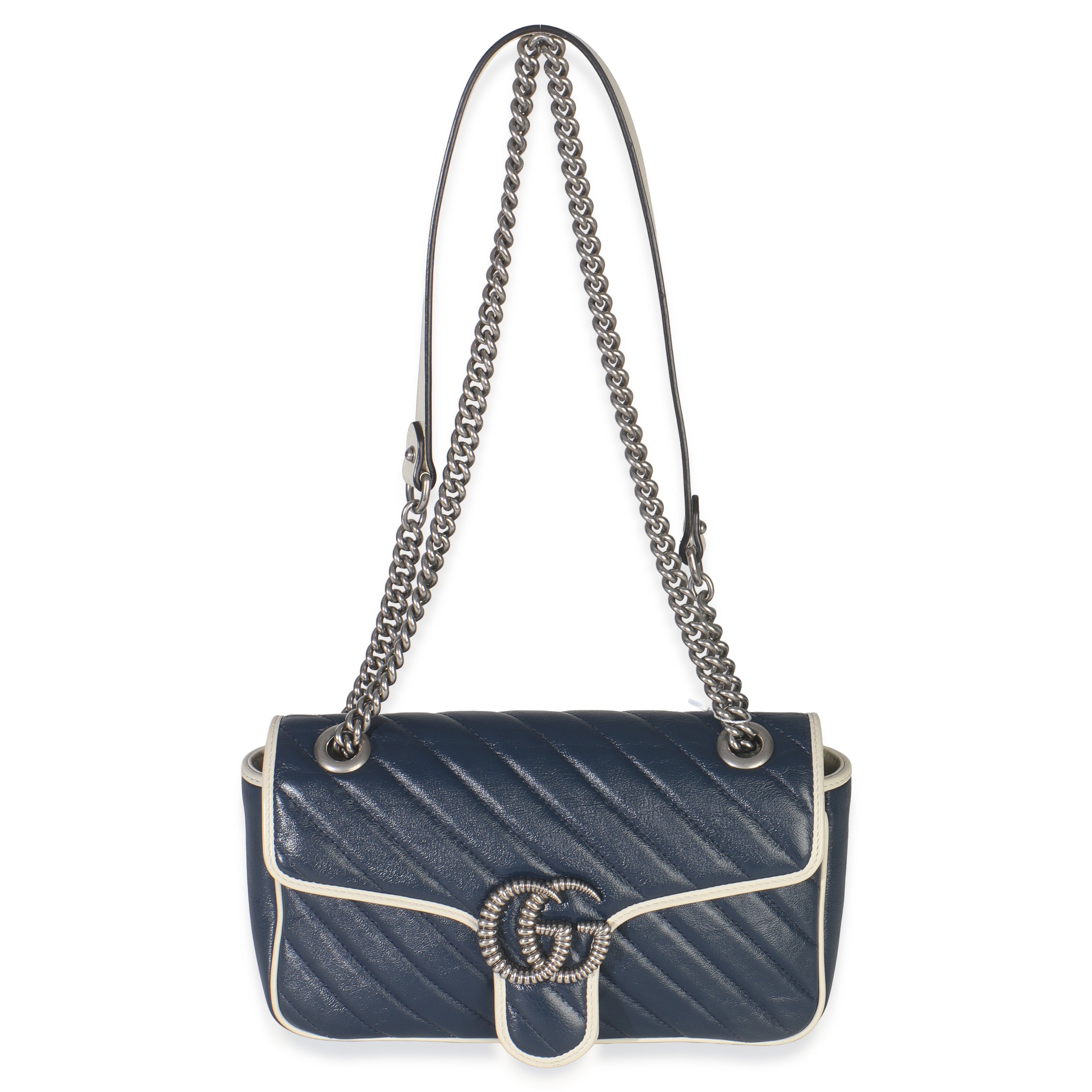 Navy White Calfskin Matelasse Diagonal Torchon Medium GG Marmont Bag
