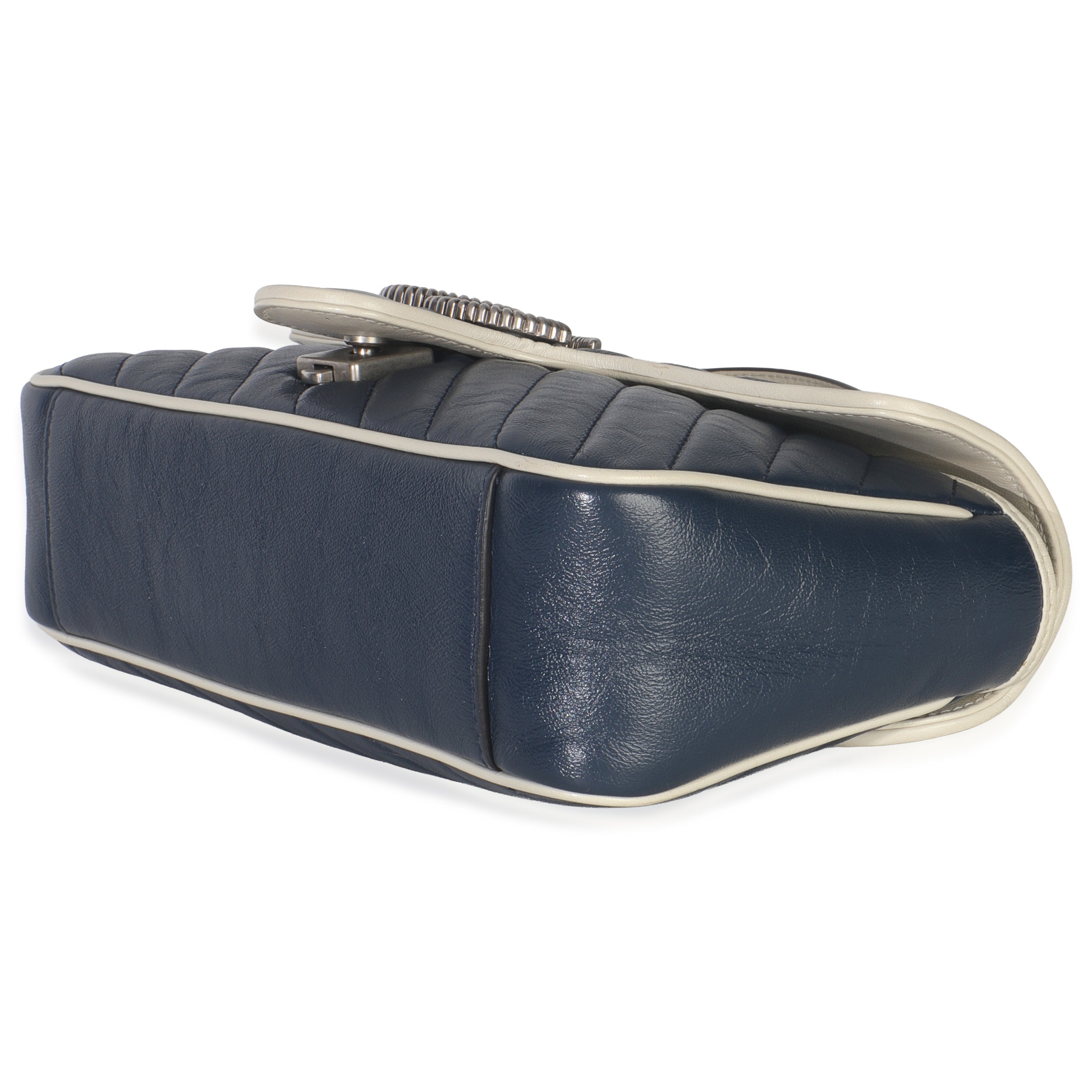 Navy White Calfskin Matelasse Diagonal Torchon Medium GG Marmont Bag