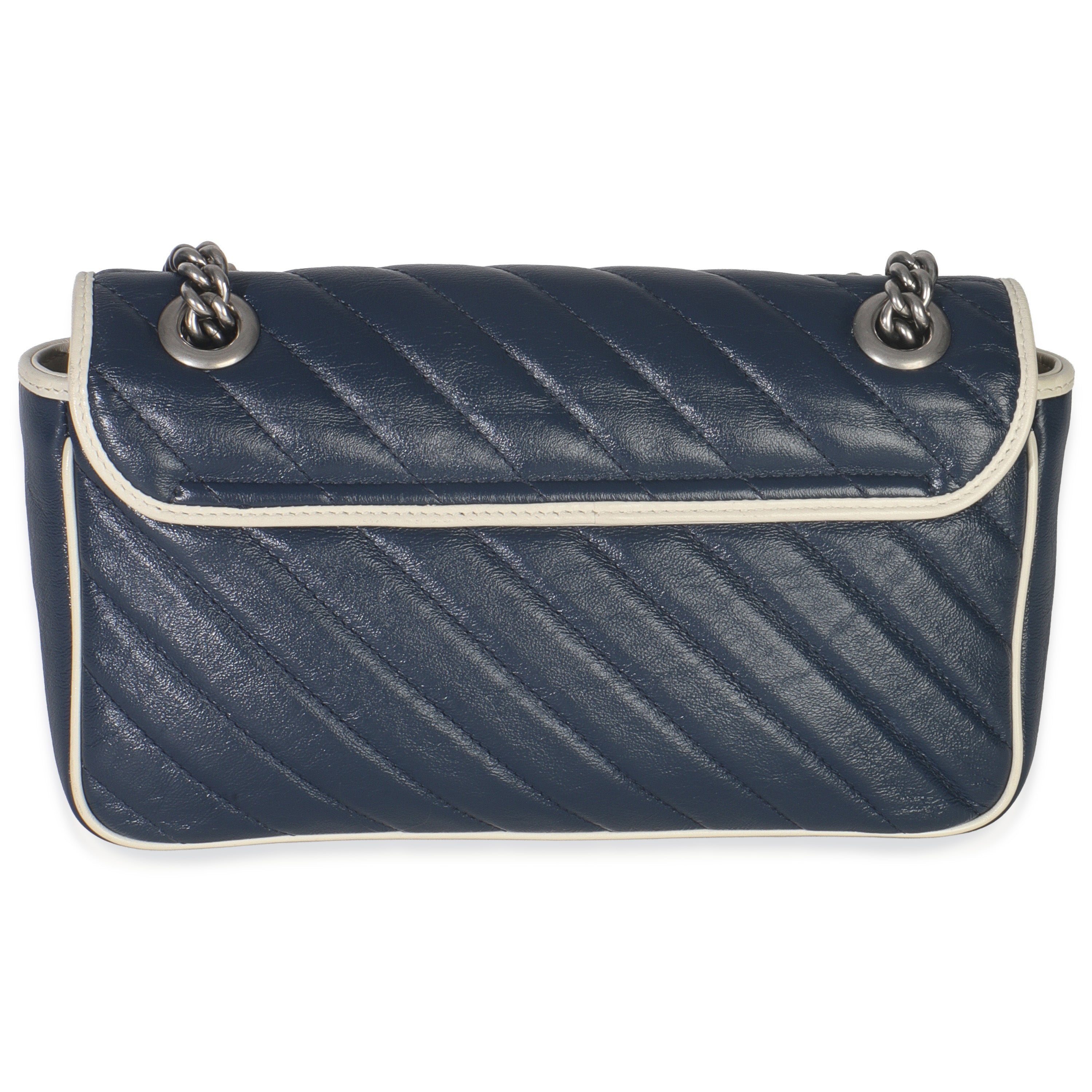 Navy White Calfskin Matelasse Diagonal Torchon Medium GG Marmont Bag