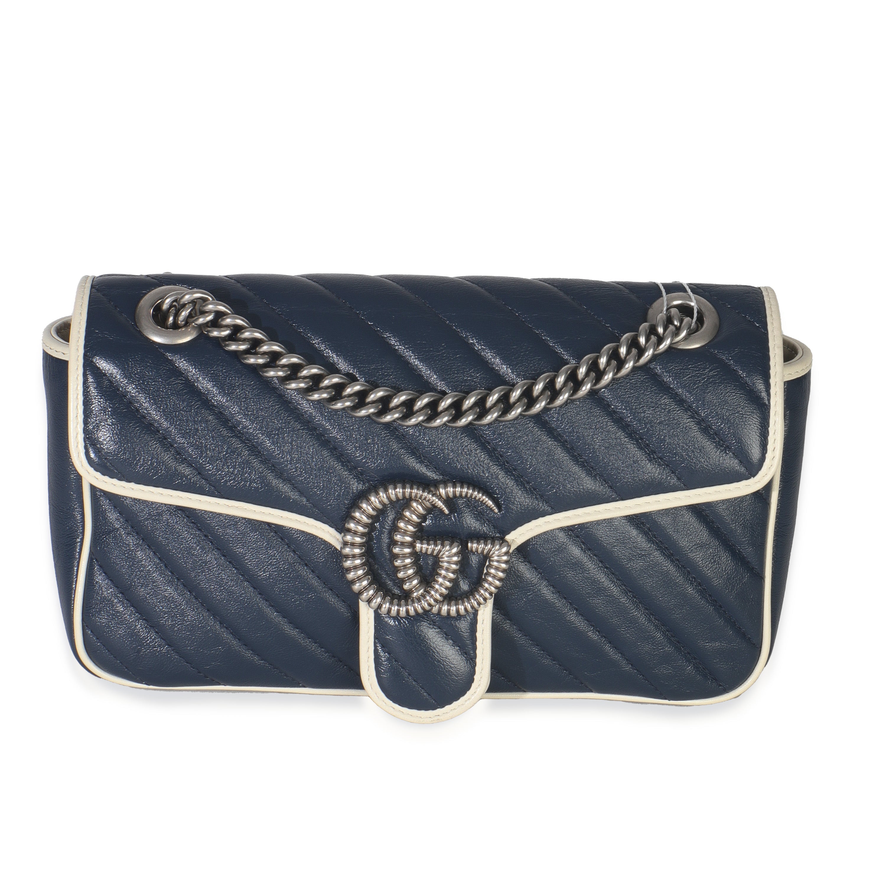 Navy White Calfskin Matelasse Diagonal Torchon Medium GG Marmont Bag