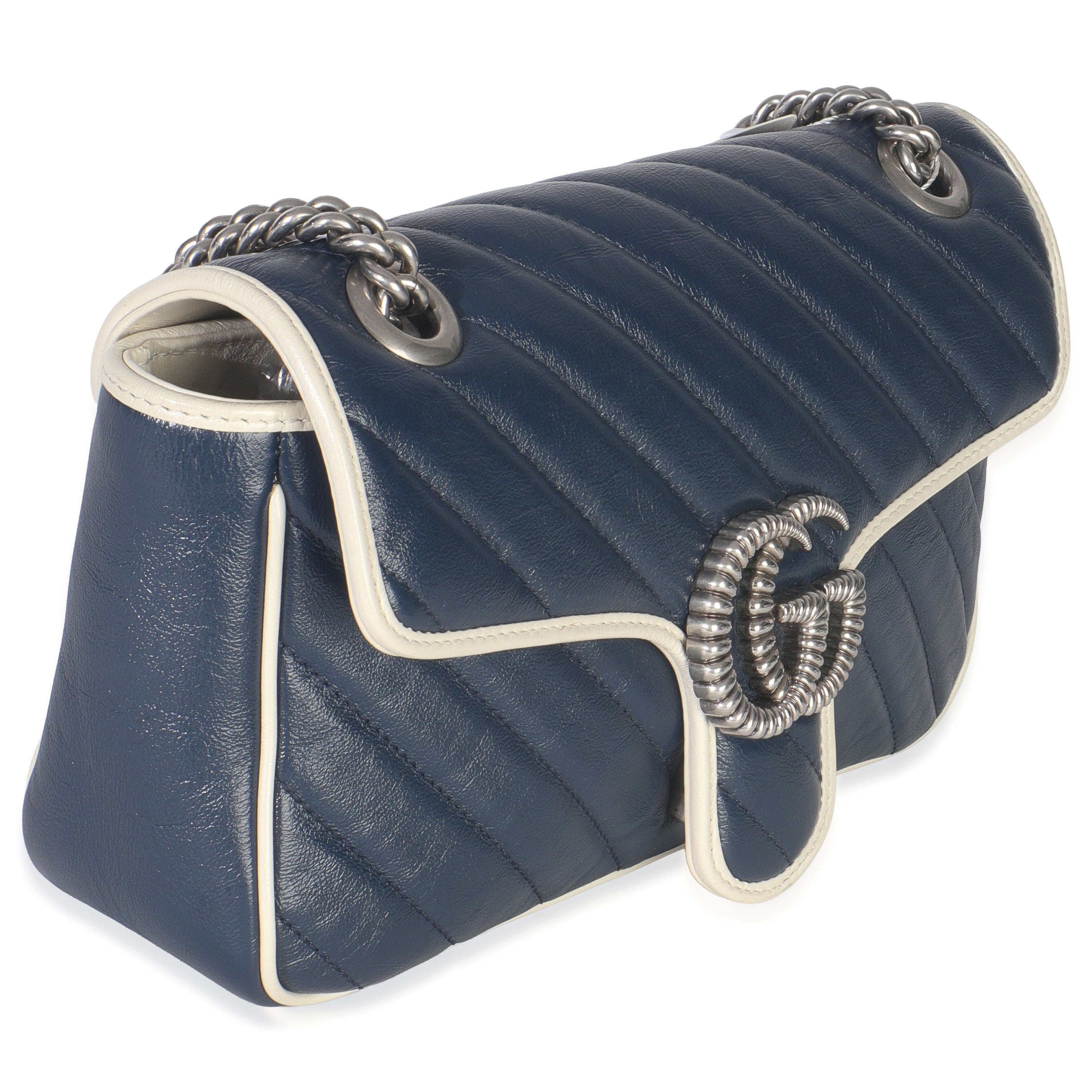 Navy White Calfskin Matelasse Diagonal Torchon Medium GG Marmont Bag