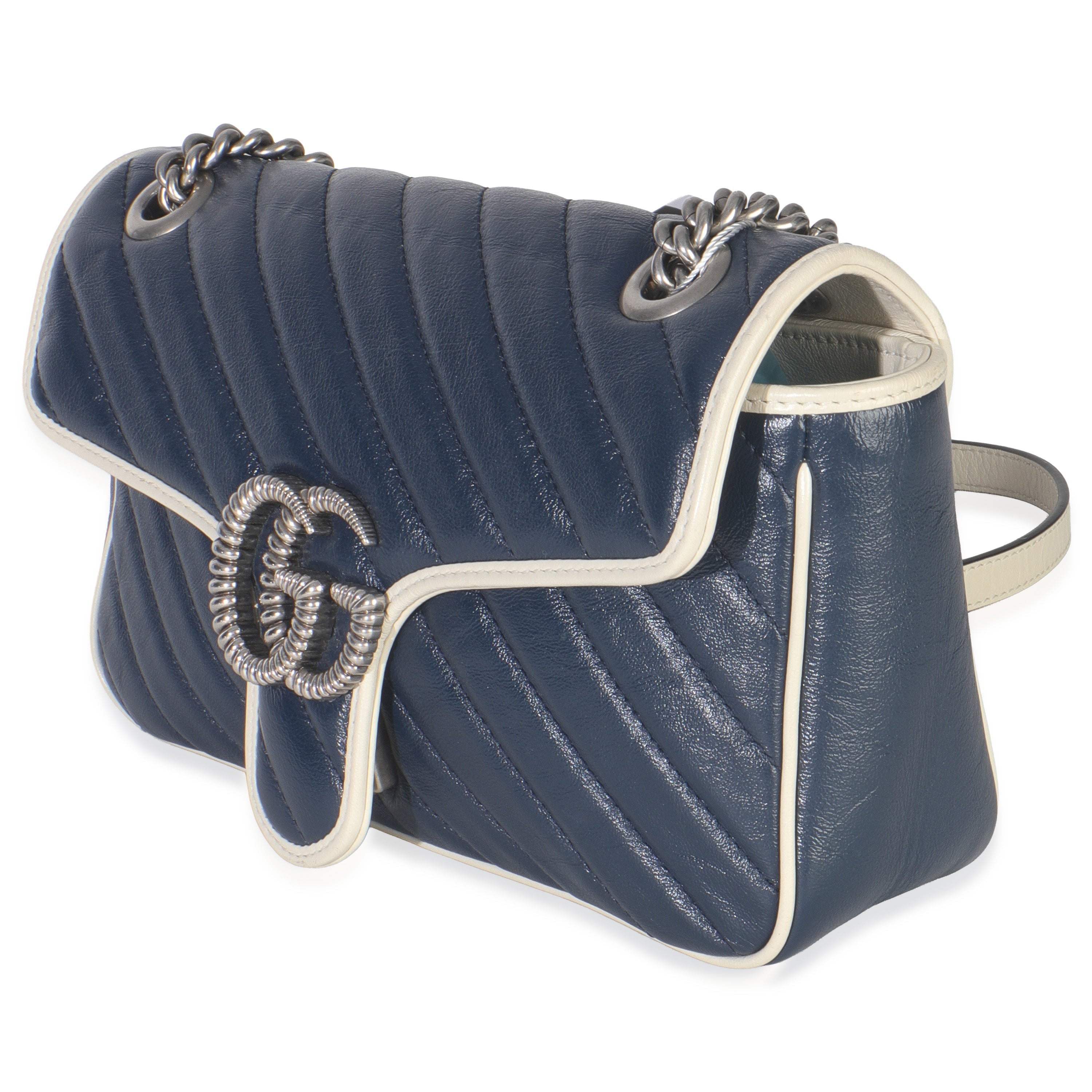 Navy White Calfskin Matelasse Diagonal Torchon Medium GG Marmont Bag