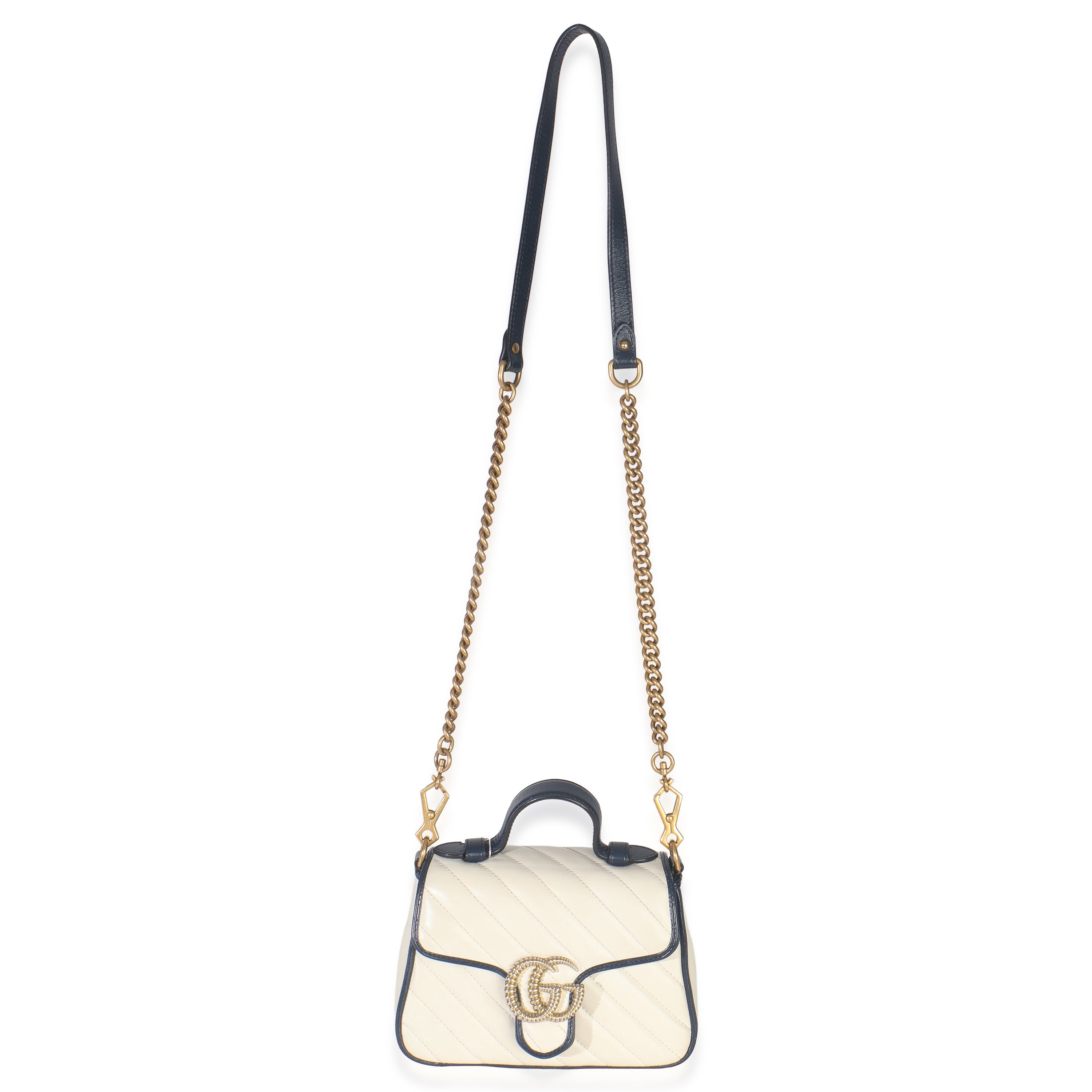 Navy White Calfskin Matelasse Diagonal Torchon Mini GG Marmont Top Handle