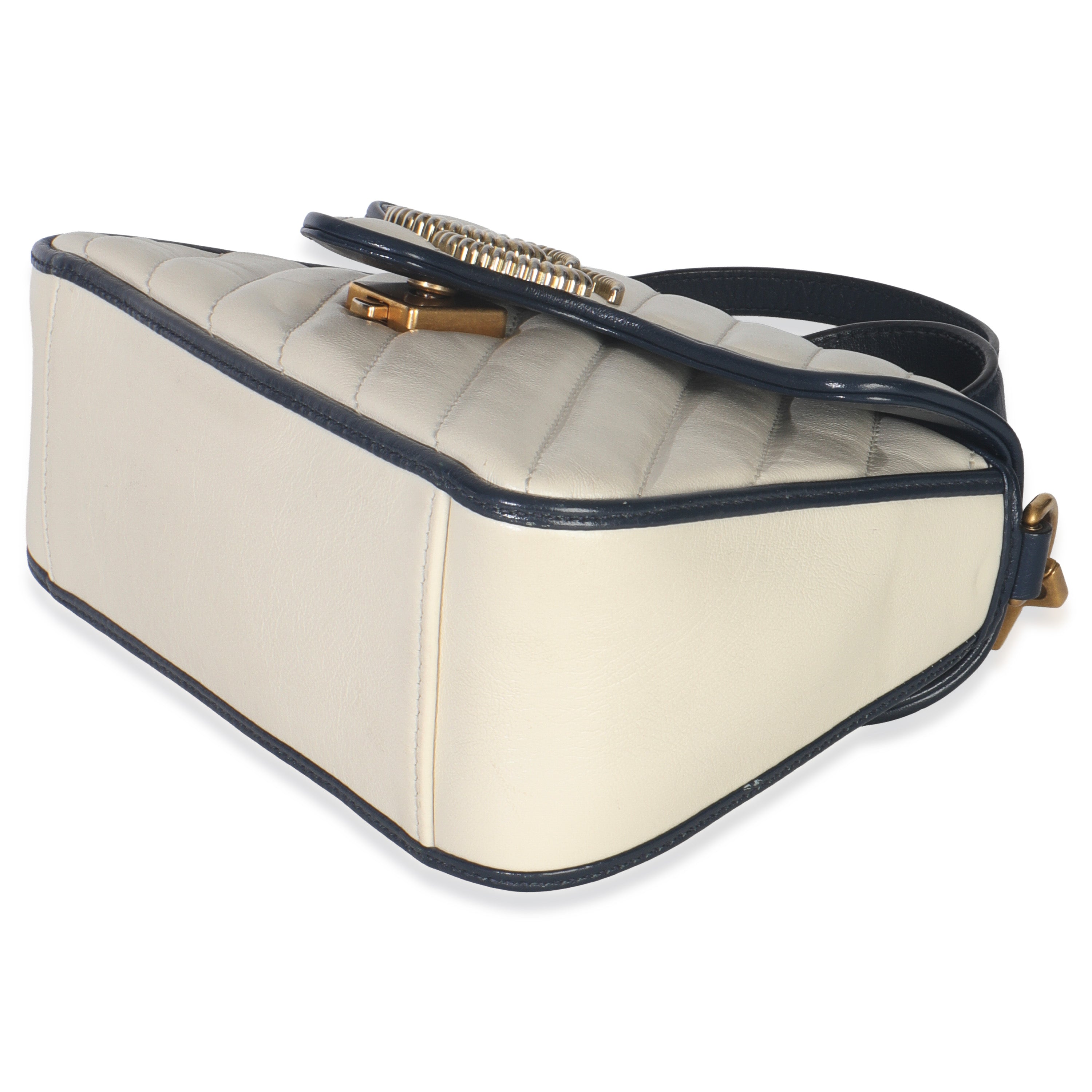 Navy White Calfskin Matelasse Diagonal Torchon Mini GG Marmont Top Handle