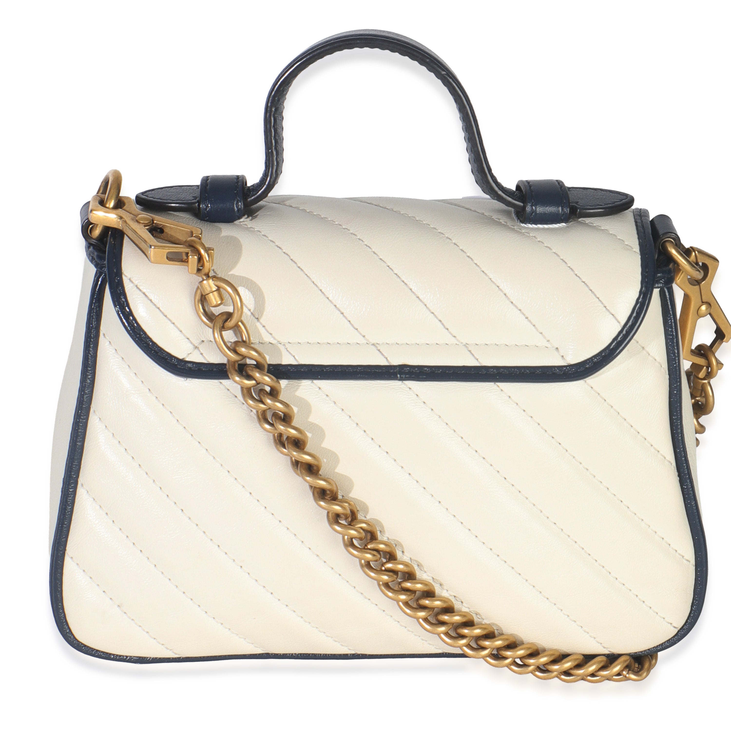Navy White Calfskin Matelasse Diagonal Torchon Mini GG Marmont Top Handle