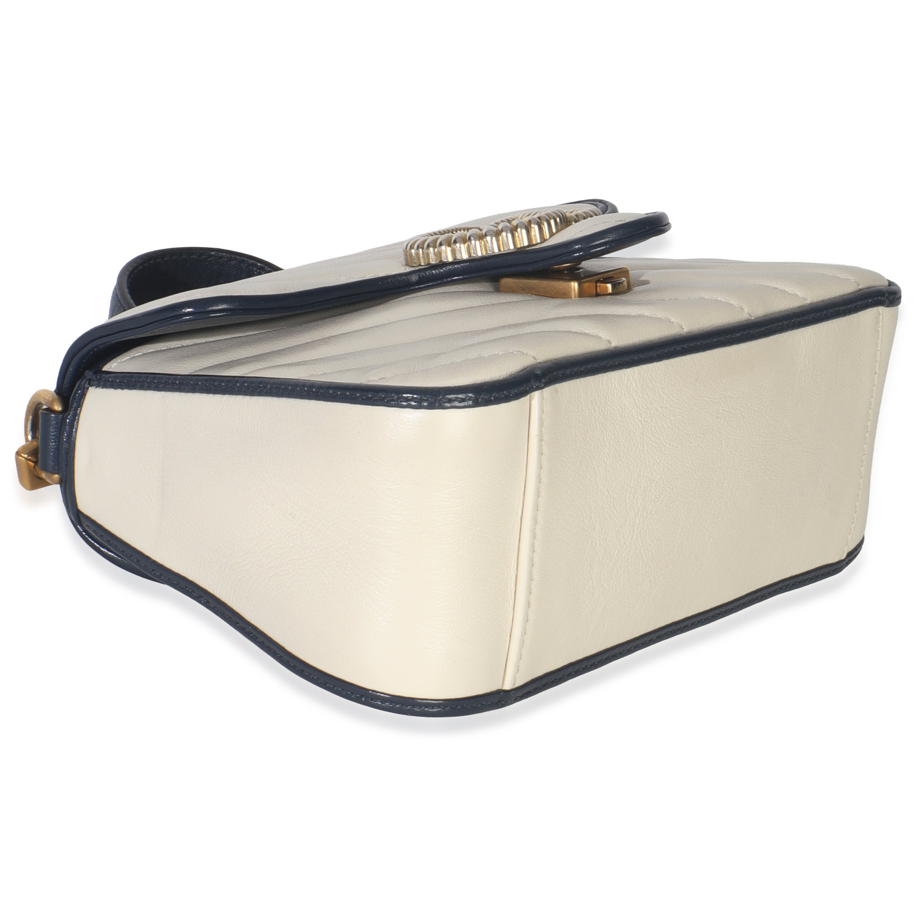 Navy White Calfskin Matelasse Diagonal Torchon Mini GG Marmont Top Handle