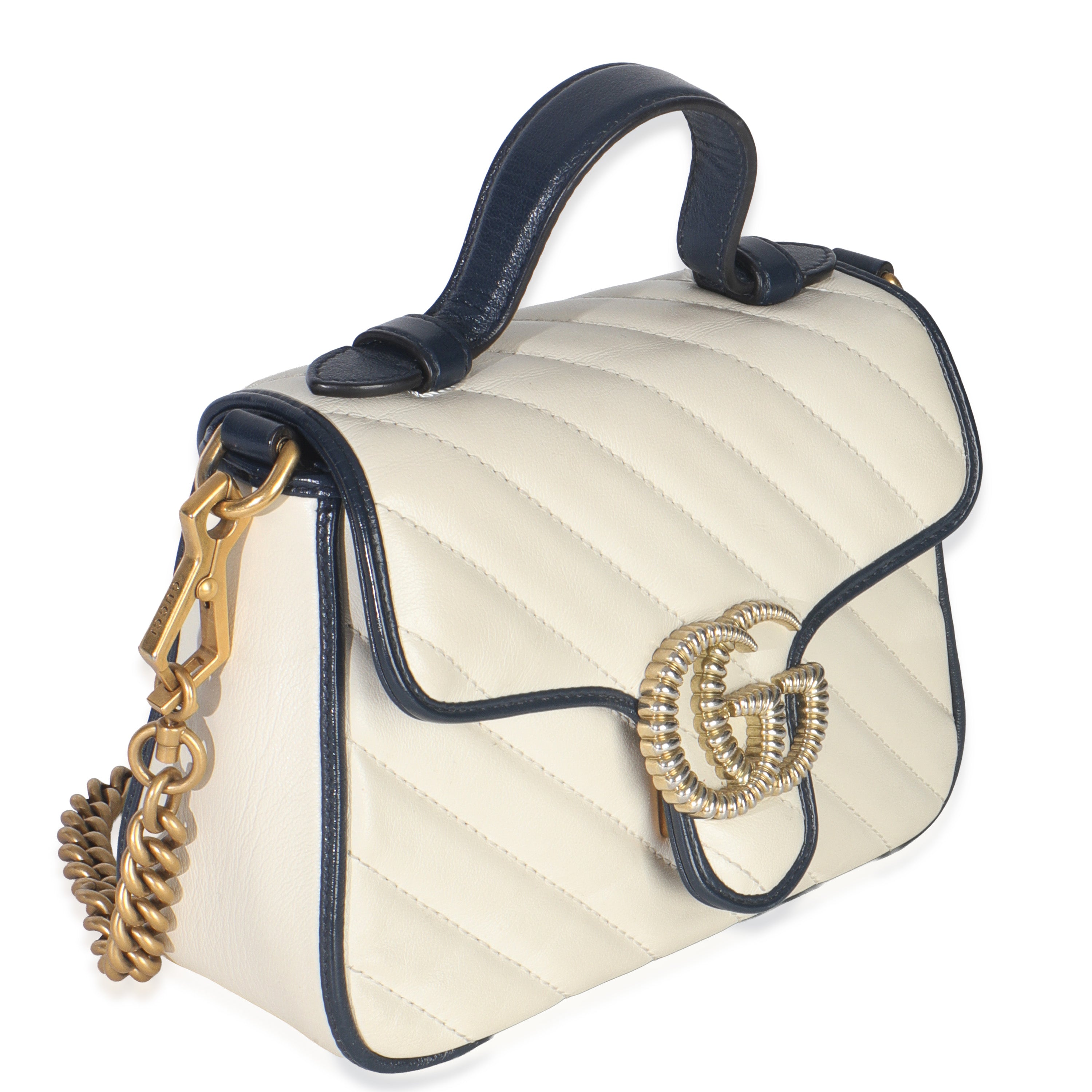 Navy White Calfskin Matelasse Diagonal Torchon Mini GG Marmont Top Handle