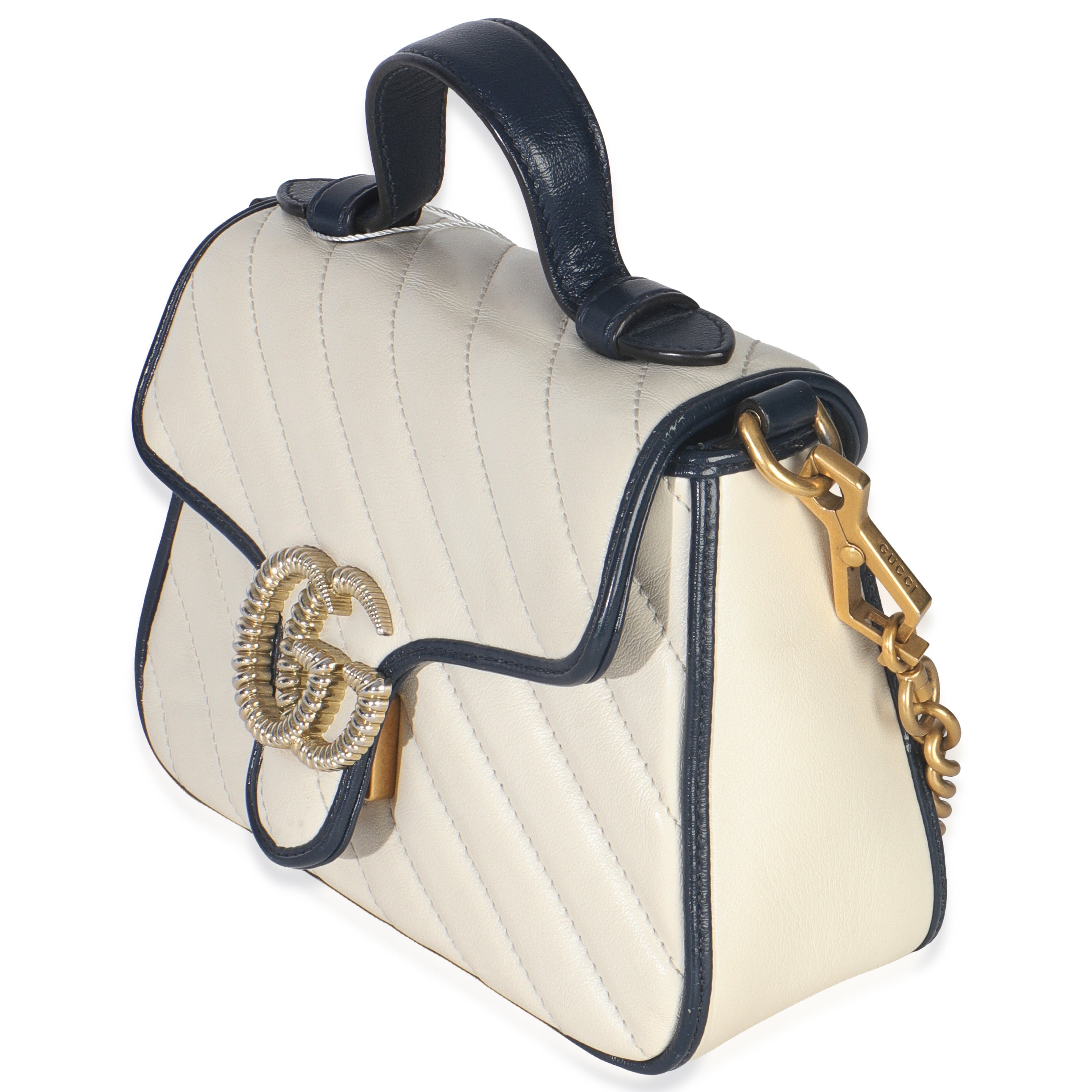 Navy White Calfskin Matelasse Diagonal Torchon Mini GG Marmont Top Handle