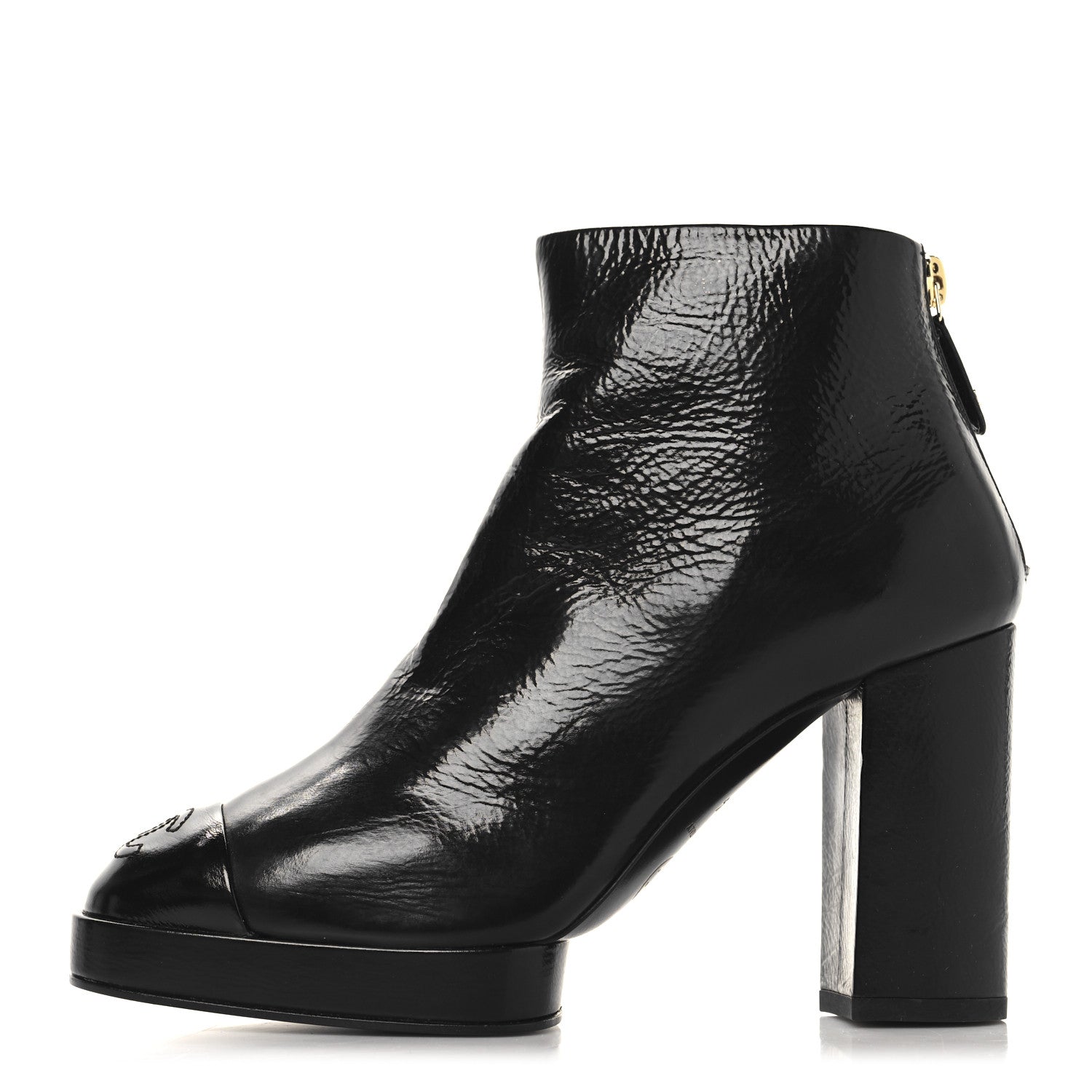 Shiny Crumpled Calfskin CC Cap Toe Ankle Boots 35.5 Black