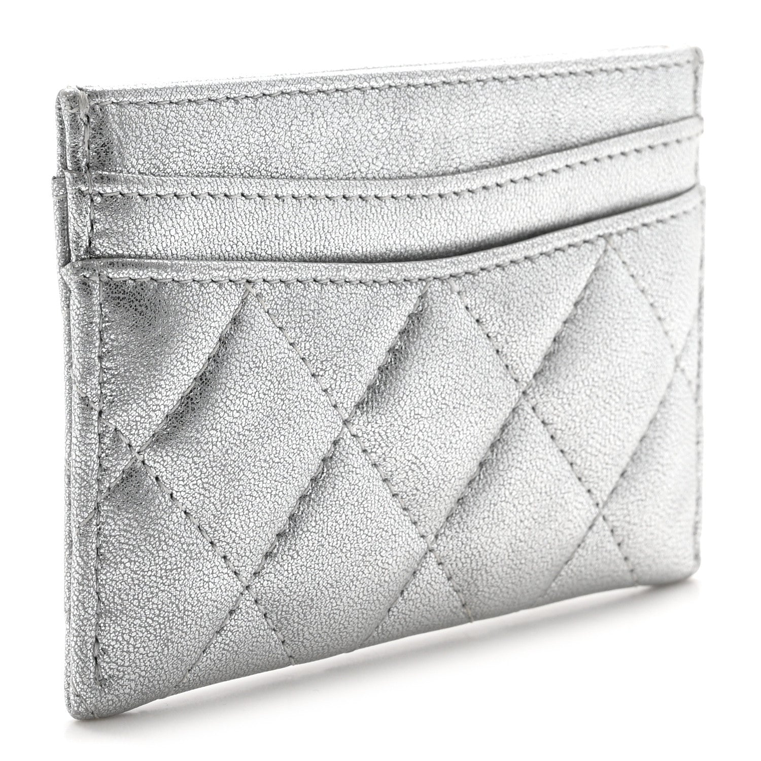 Metallic Lambskin Quilted CC Card Holder Silver