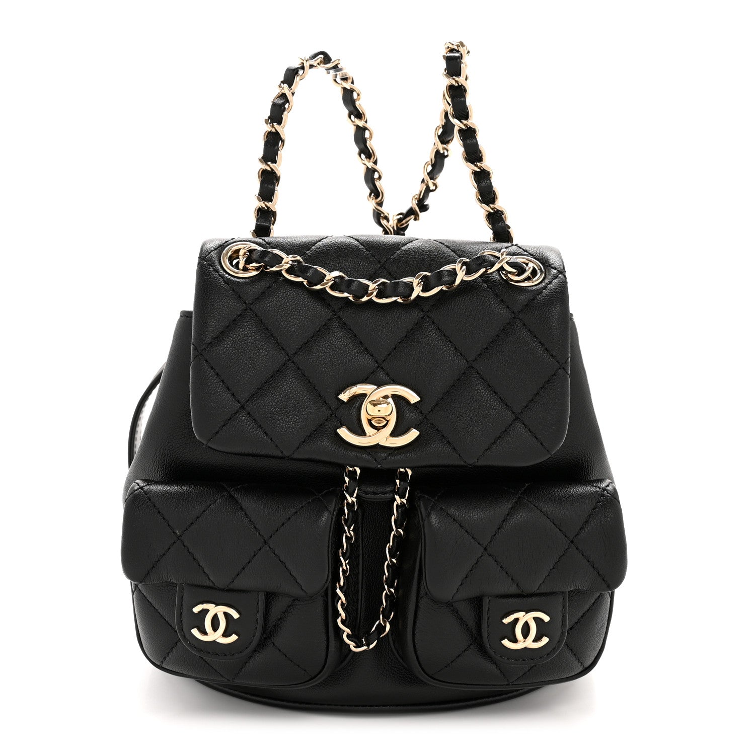 Calfskin Quilted Mini Duma Pockets Drawstring Backpack Black