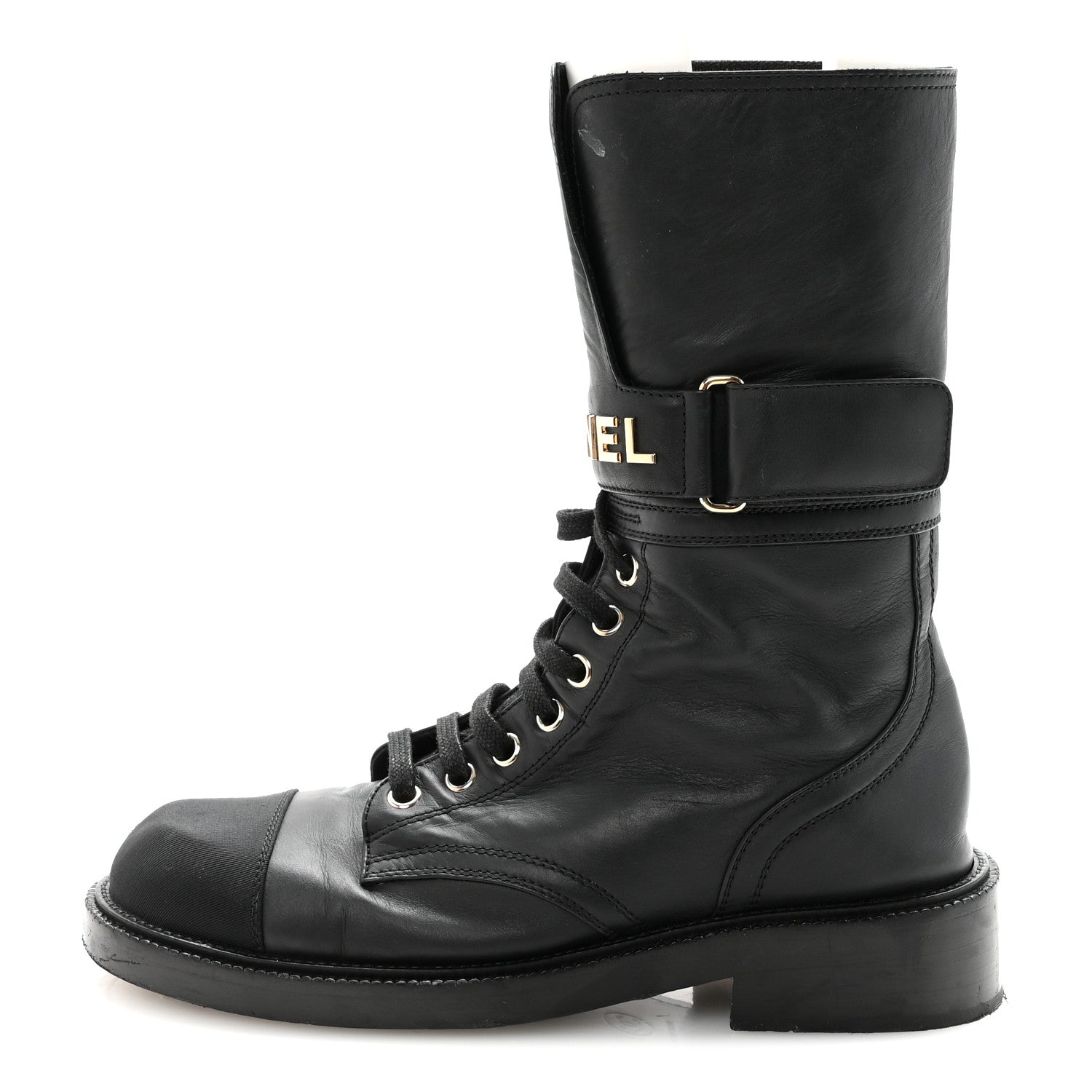Shiny Calfskin Lace Up Combat Boots 37 Black