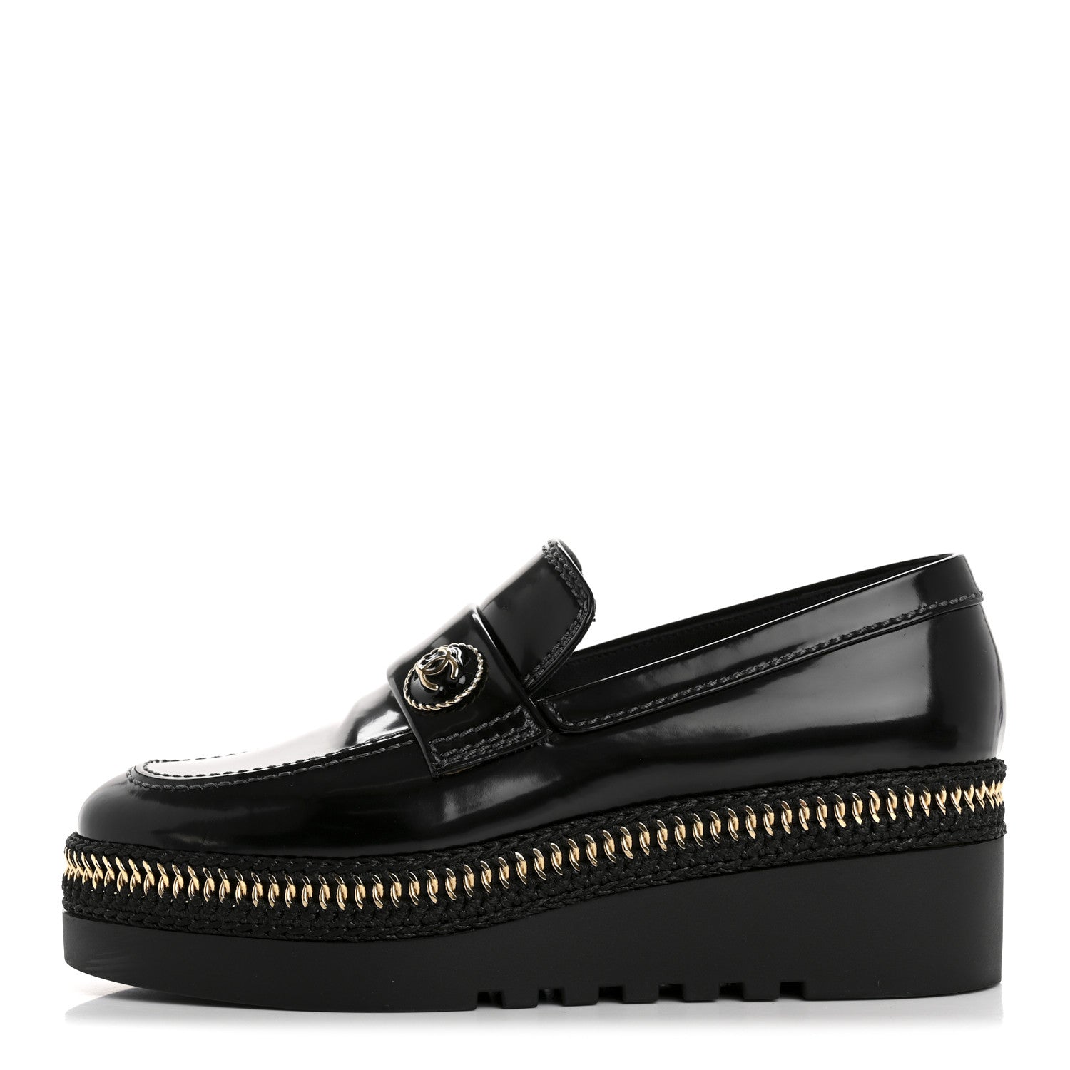Shiny Calfskin Platform Loafers 37 Black