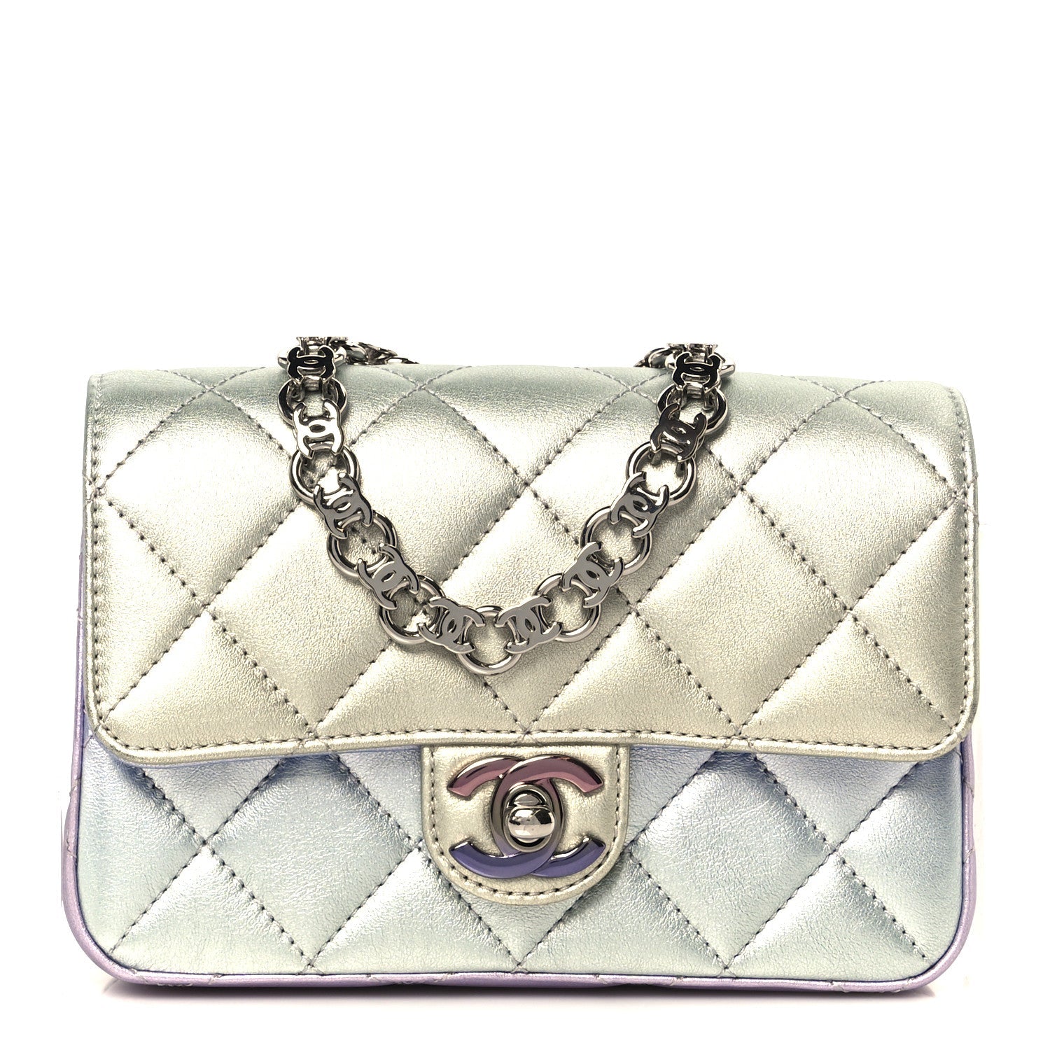 Gradient Metallic Calfskin Quilted Clutch Silver Blue Yellow Purple