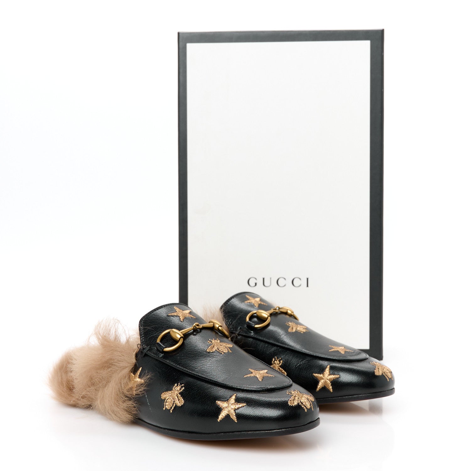 Goatskin Fur Bee Star Embroidered Womens Princetown Slippers 35.5 Black