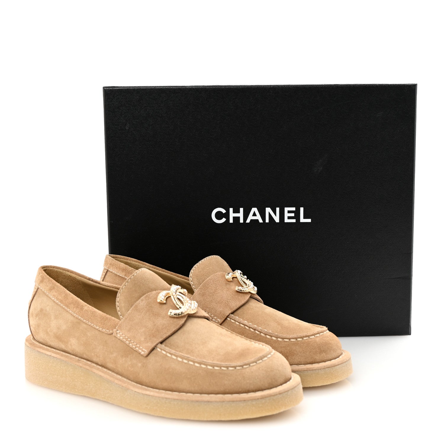 Suede Calfskin Pearl CC Moccasin Loafers 36.5 Dark Beige