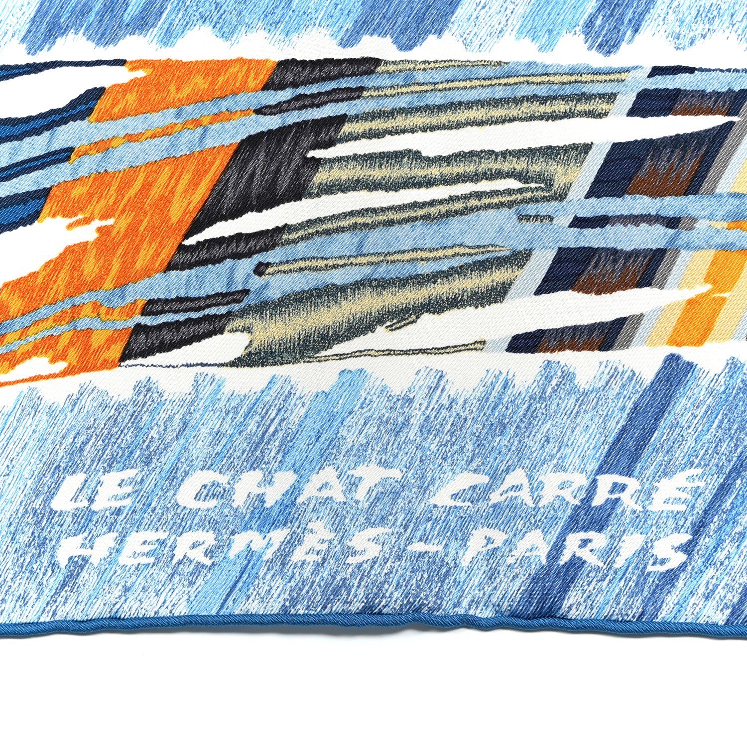 Silk Le Chat Carre Scarf 90 Bleu Caramel White