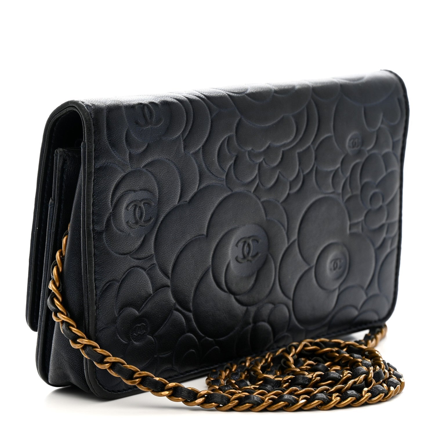 Metallic Lambskin Camellia Embossed Wallet on Chain WOC Navy