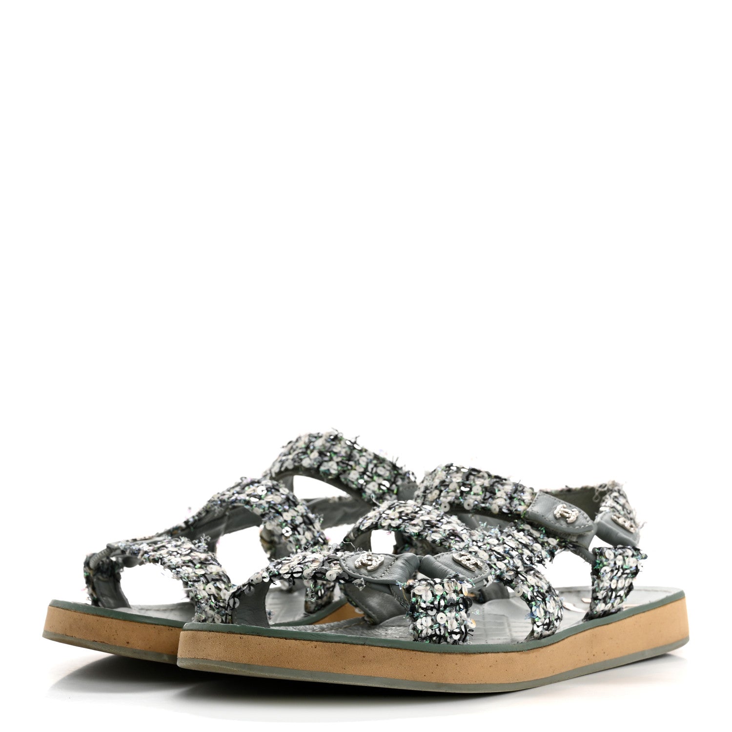 Tweed Sequin Crystal CC Sandals 40 Blue Multicolor
