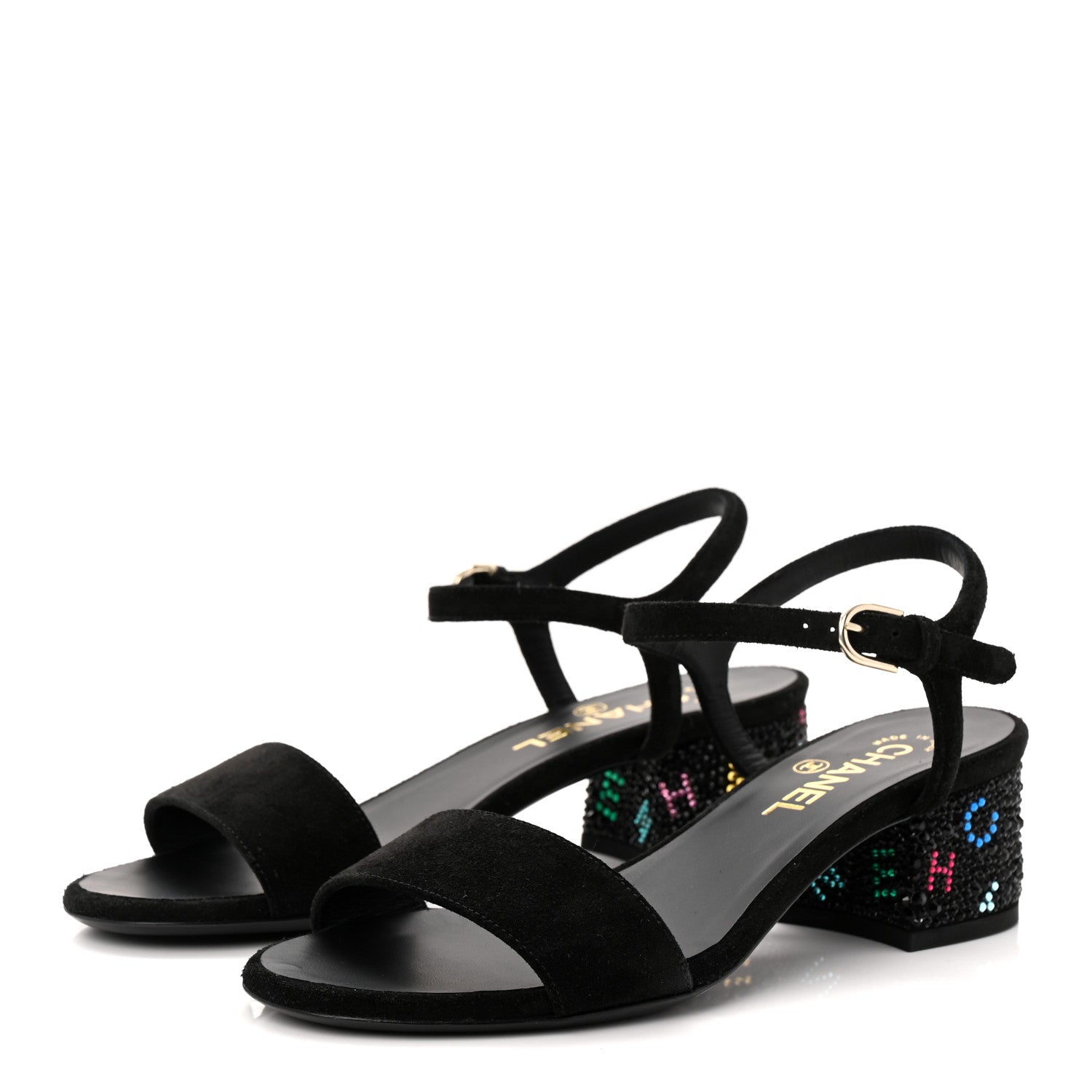 Suede Strass Ankle Strap Sandals 37.5 Black Multicolor