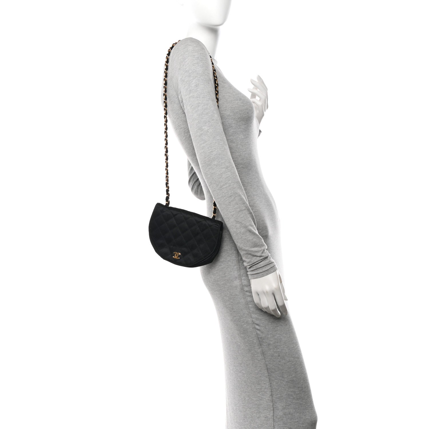 Satin Quilted Half Moon Flap Black