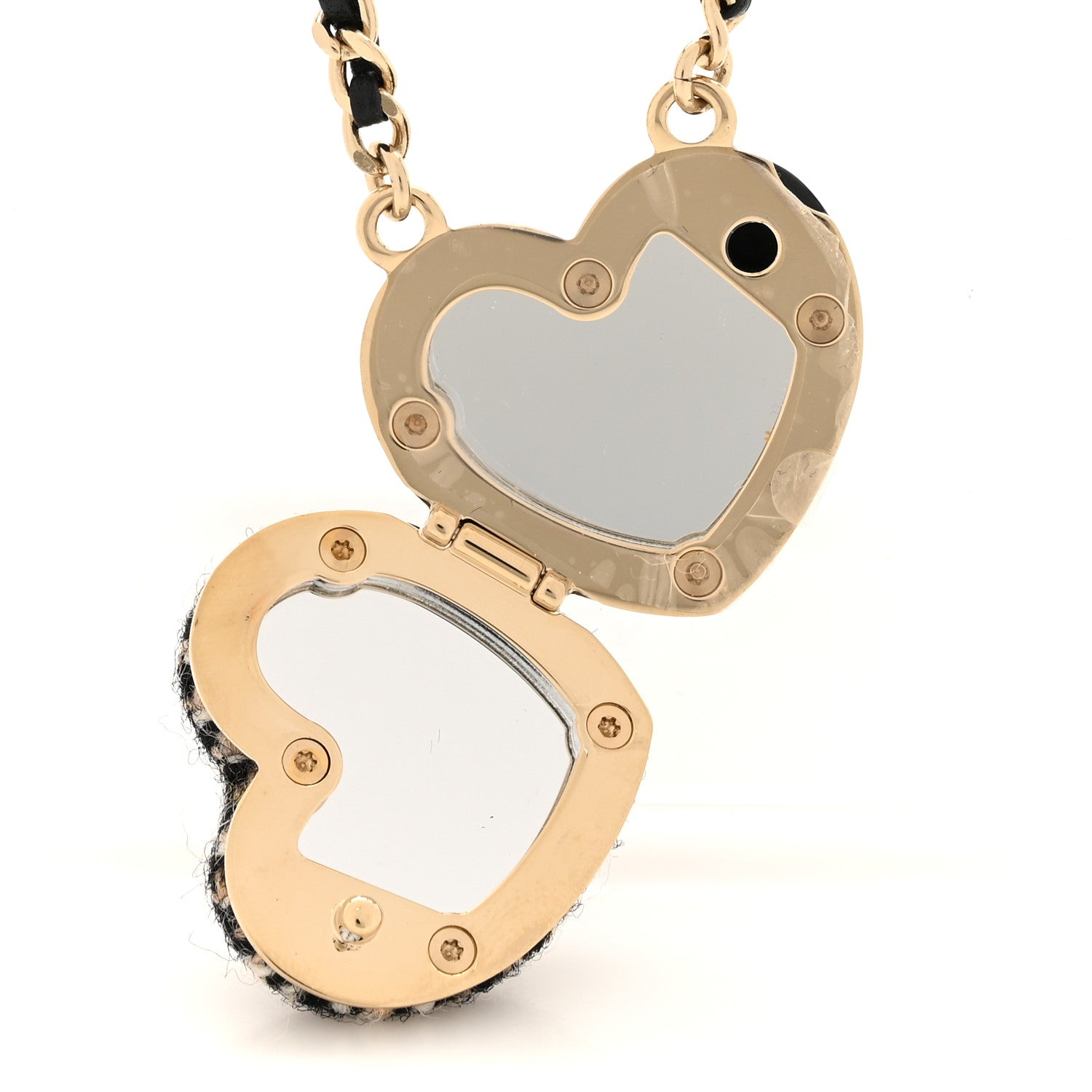 Tweed Lambskin CC Heart Locket Necklace Gold Black Beige