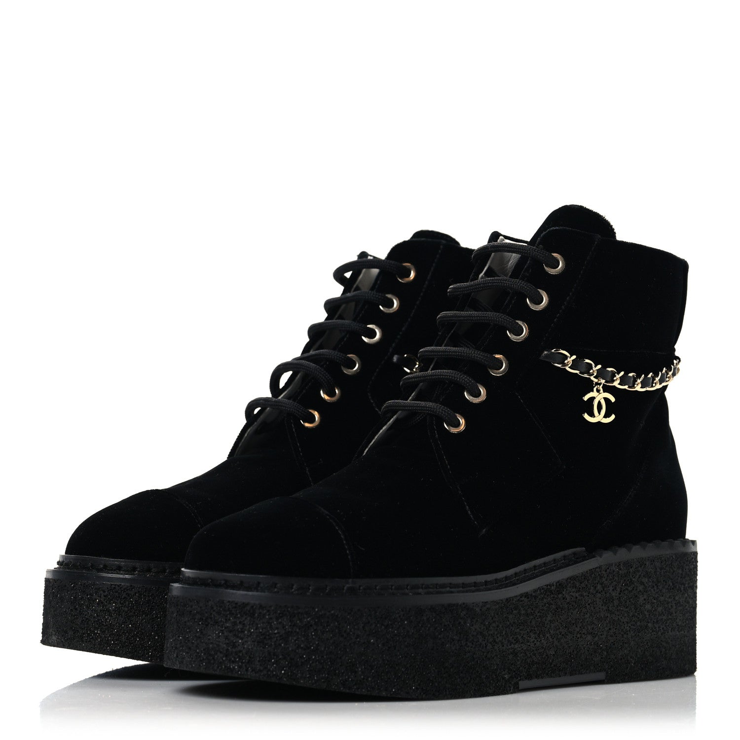 Velvet Chain Lace Up CC Short Boots 37 Black