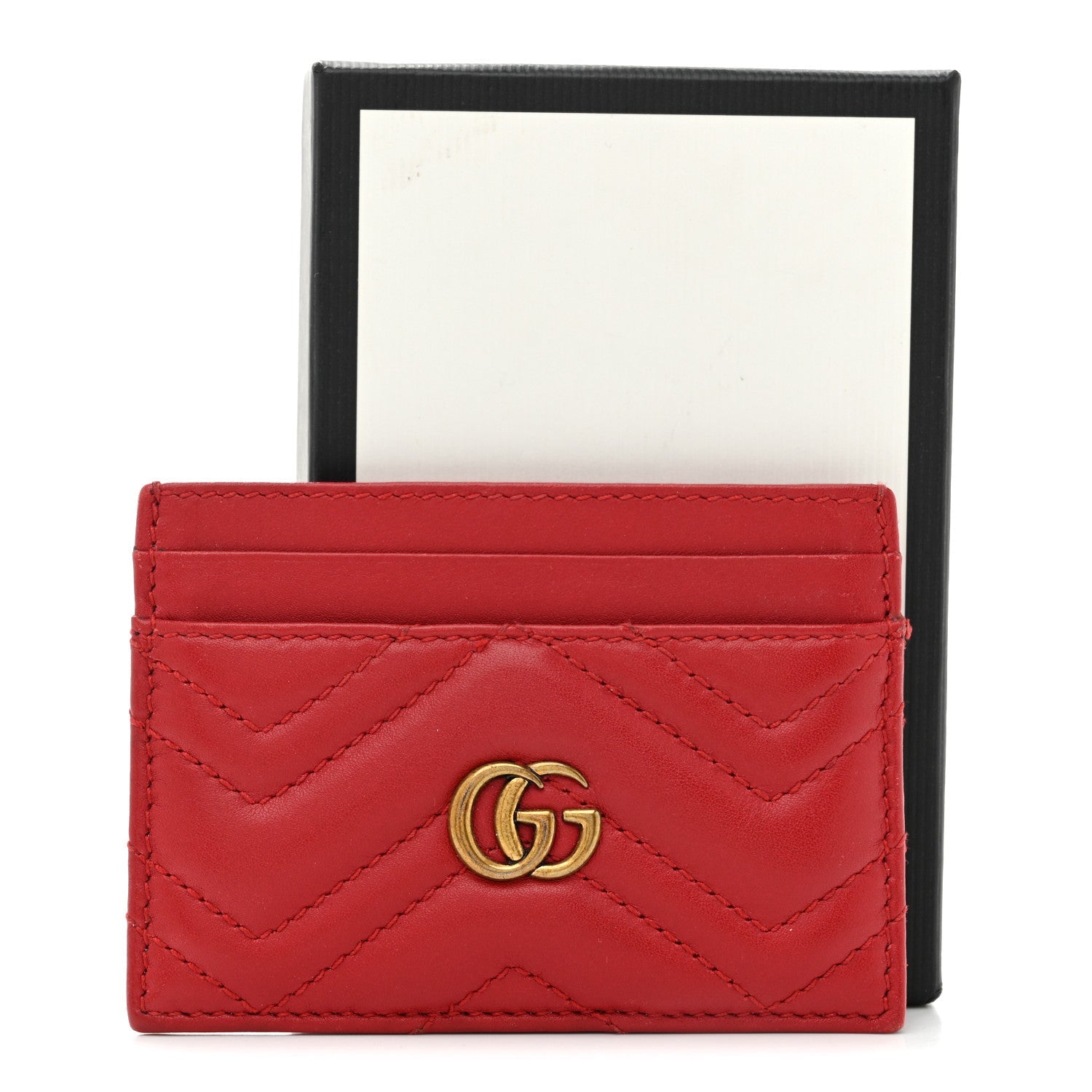 Calfskin Matelasse GG Marmont Card Holder Hibiscus Red