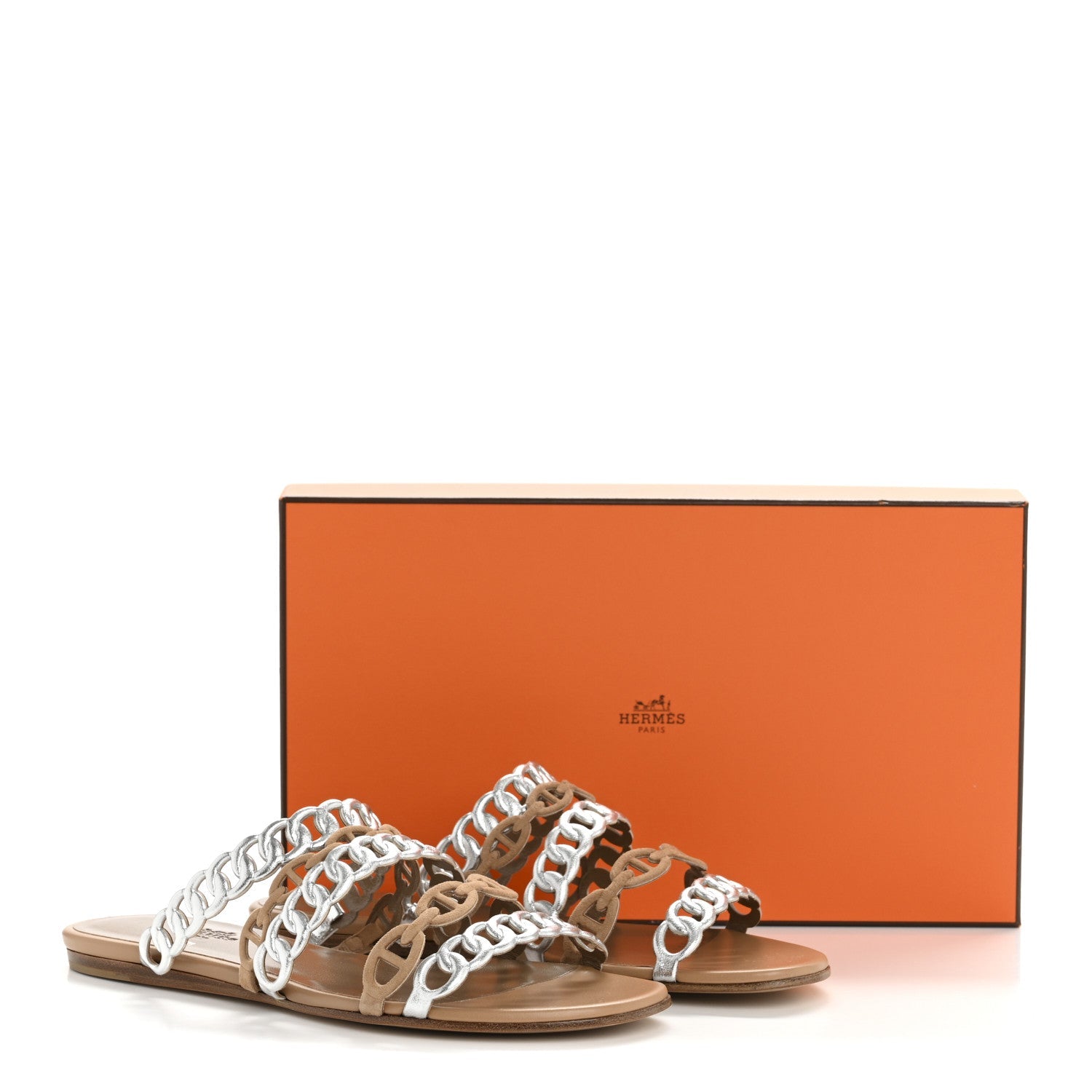 Metallic Nappa Suede Chaine d'Ancre Nude Sandals 36 Beige Sable Gris Argente