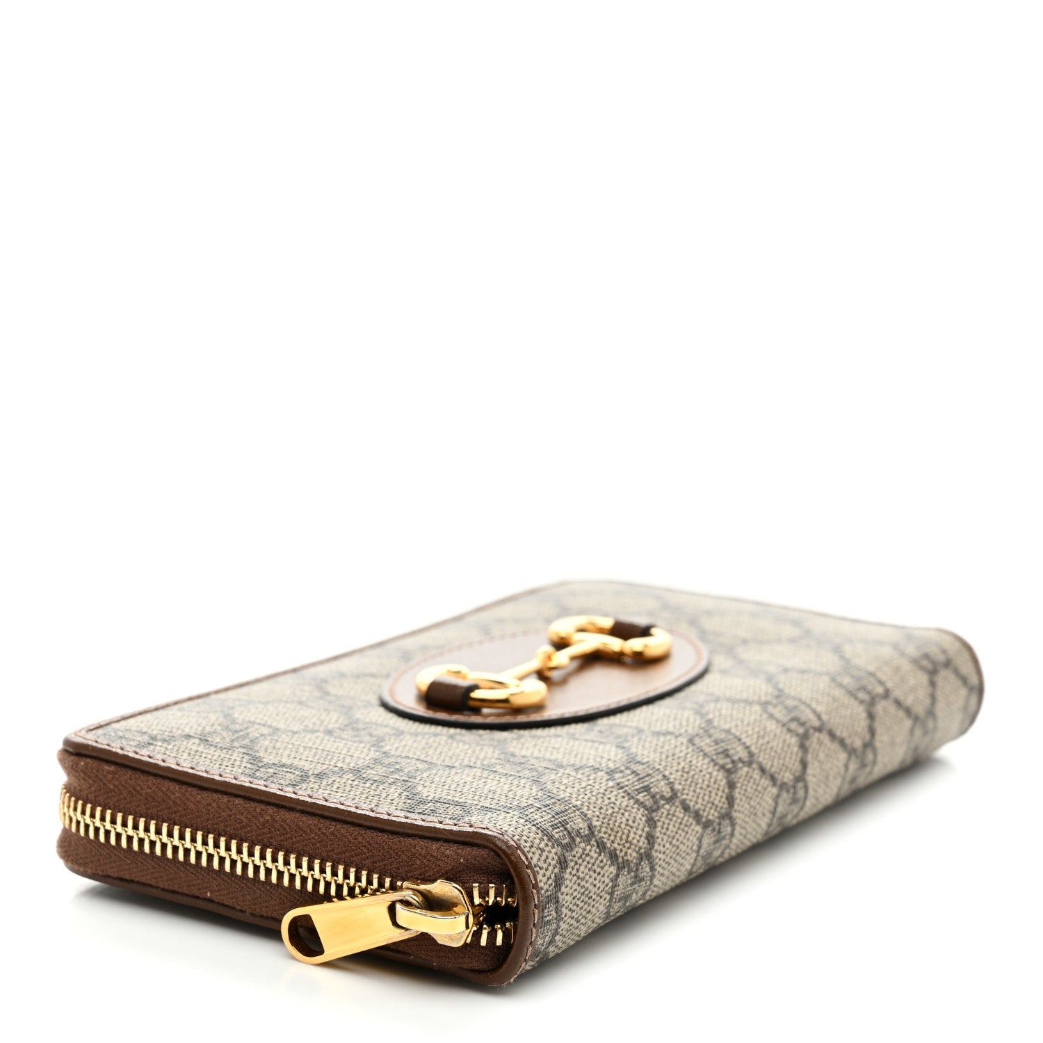 GG Supreme Monogram Azalea Calfskin Horsebit 1955 Zip Around Wallet Beige Ebony Brown Sugar