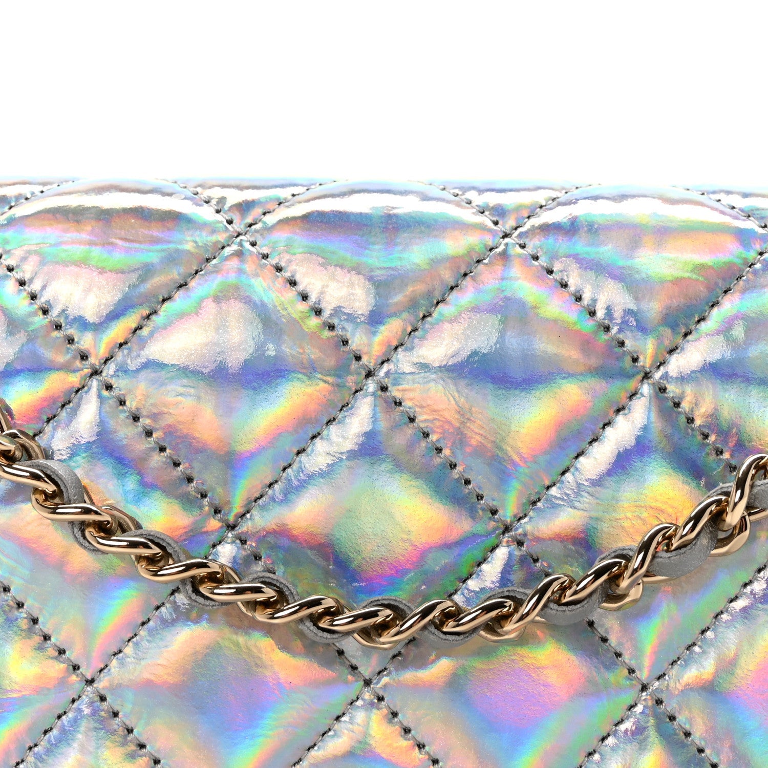 Iridescent Goatskin Quilted Wallet On Chain WOC Silver