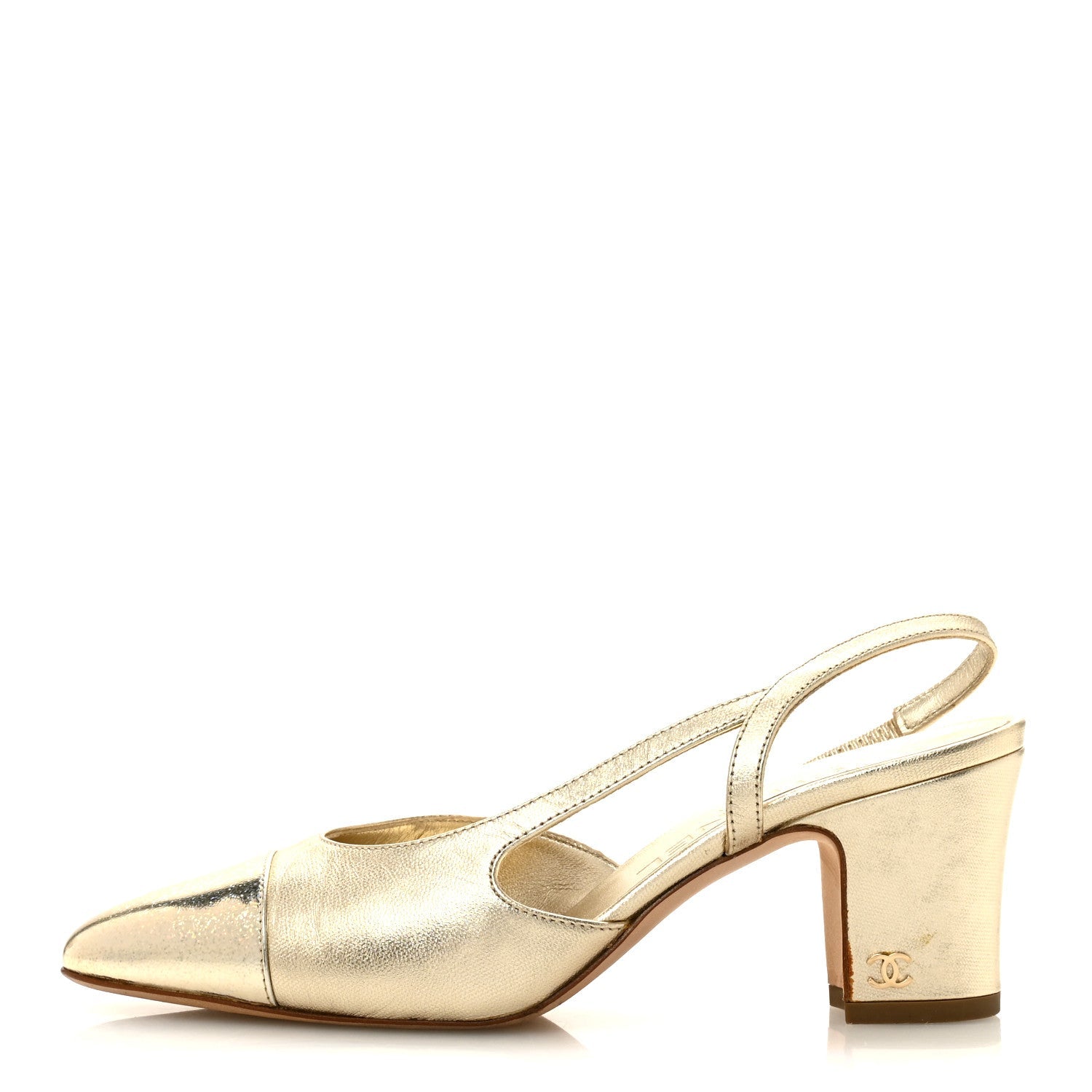 Metallic Calfskin Grosgrain Cap Toe CC Slingback Sandals 36 Gold