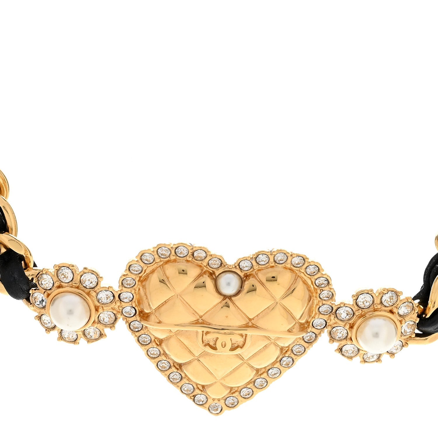 Metal Lambskin Glass Pearl Strass Heart Choker Gold Black