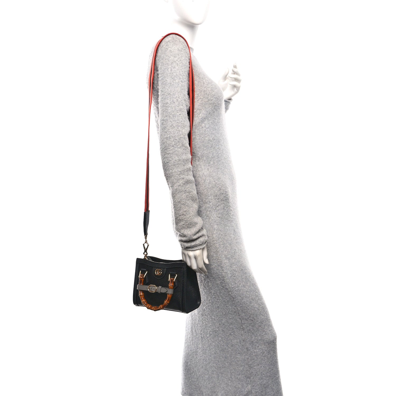 Textured Dollar Calfskin Web Small Diana Tote Bag Black Dusty Grey