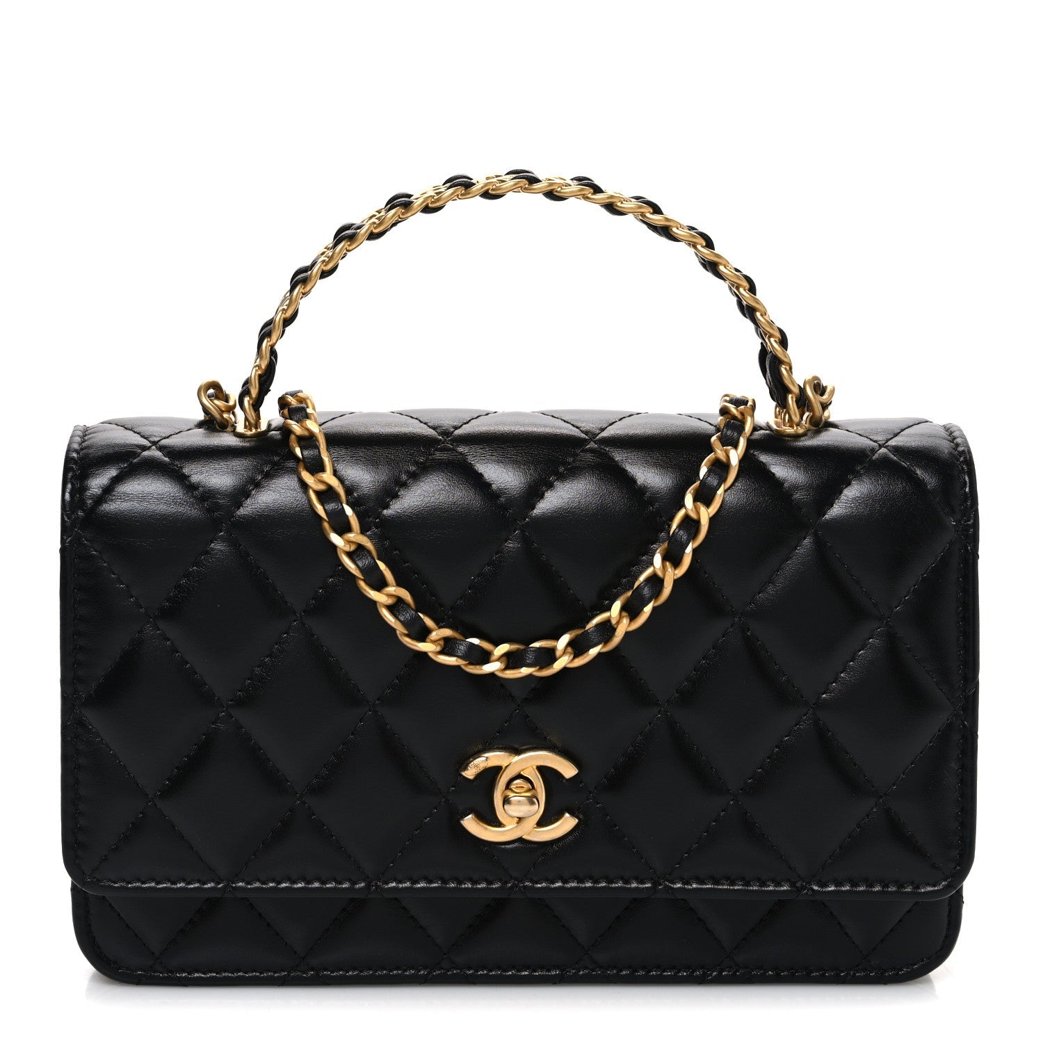 Shiny Calfskin Quilted Metal Top Handle Wallet On Chain WOC Black
