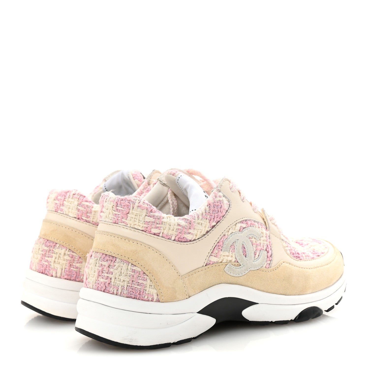 Tweed Suede Calfskin Womens CC Sneakers 35 Pink Ecru