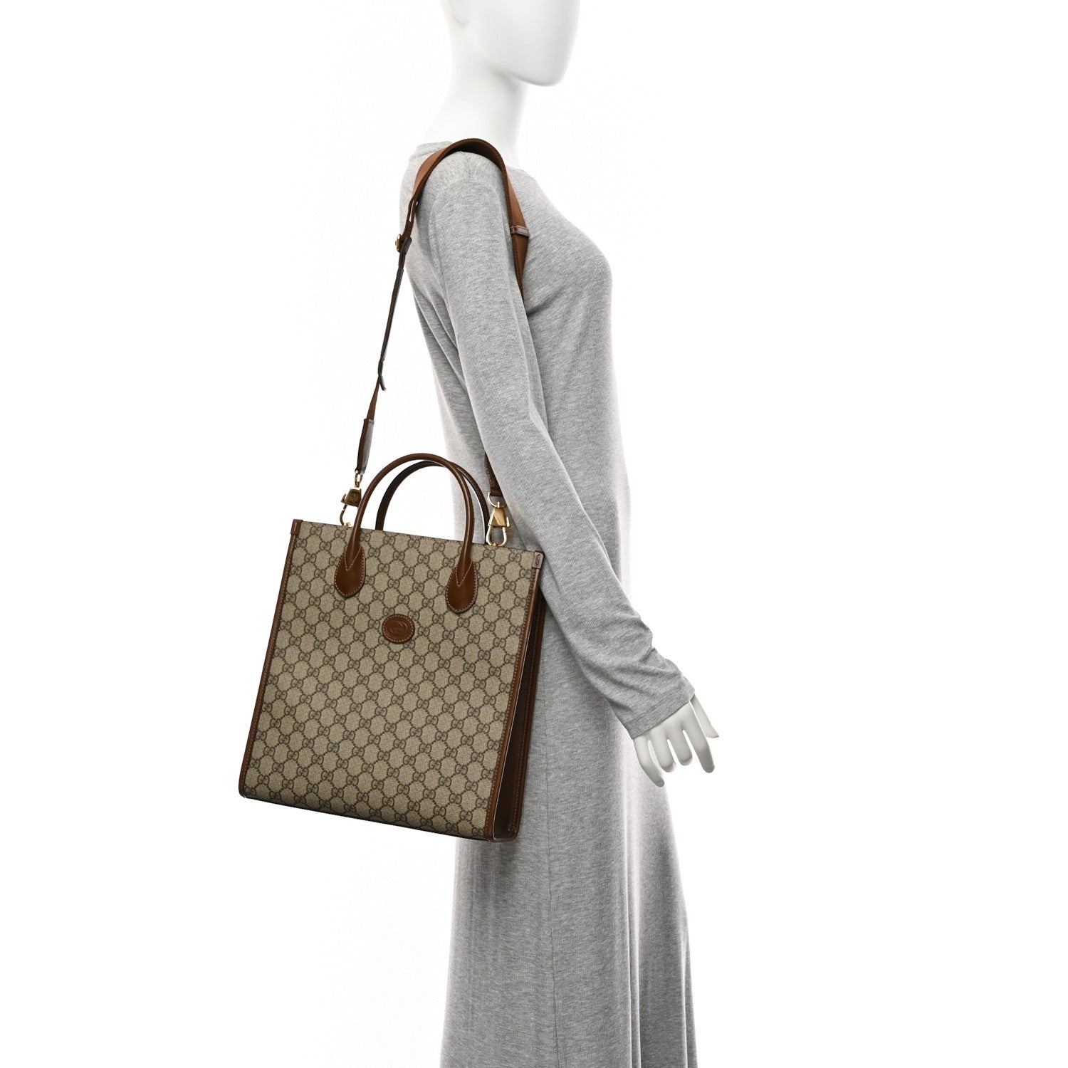 GG Supreme Monogram Textured Dollar Calfskin Web Small Retro Interlocking G Vertical Tote Bag Beige Ebony Brown Sugar