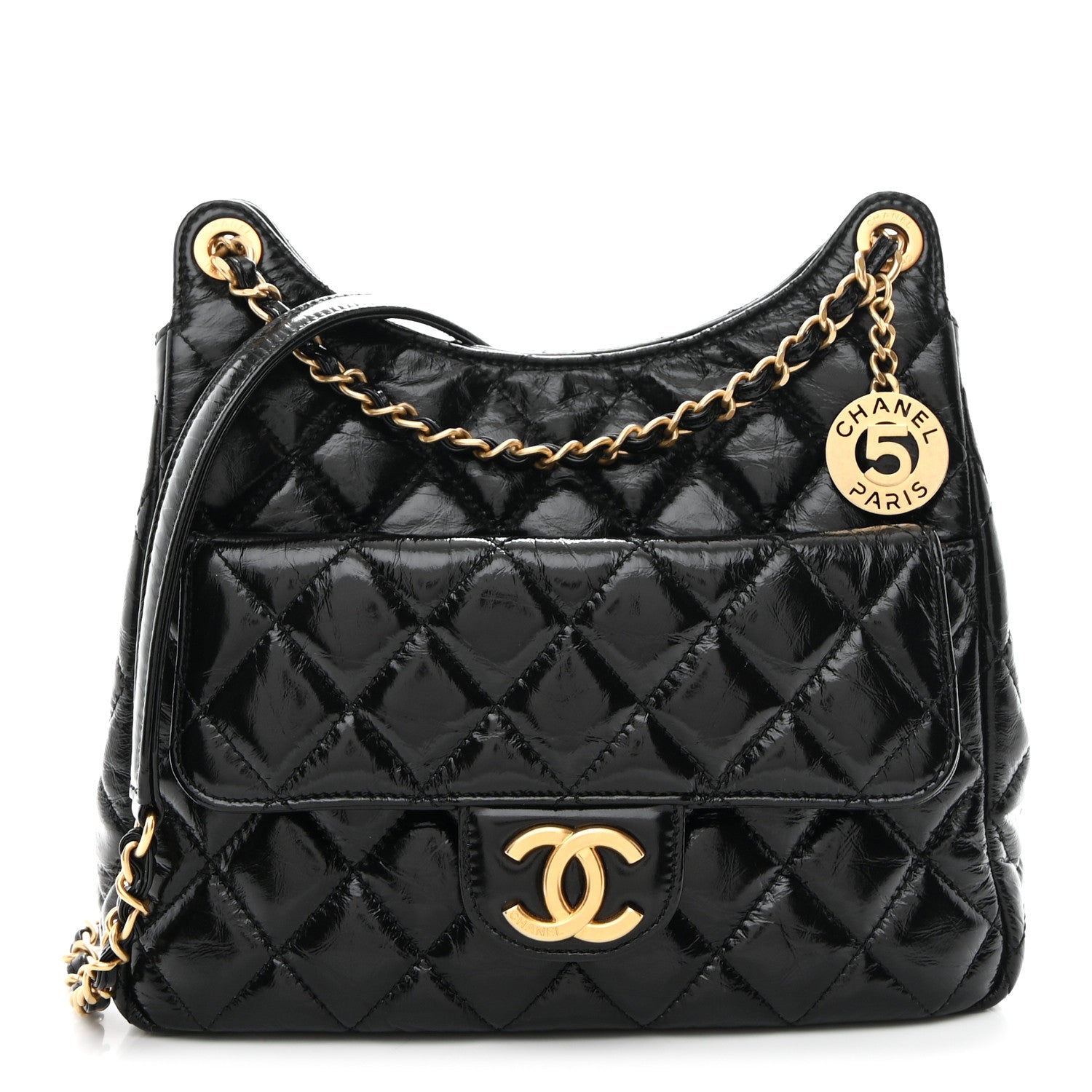 Shiny Crumpled Calfskin Quilted Wavy CC Hobo Black