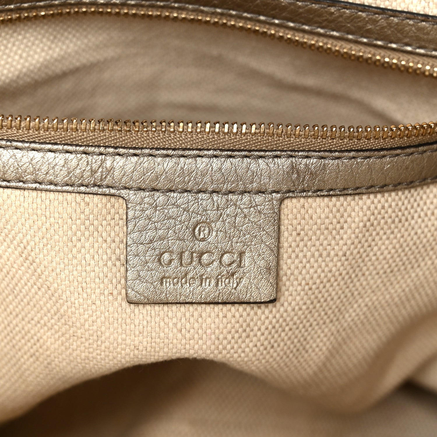 Metallic Pebbled Calfskin Small Soho Top Handle Bag Golden Beige