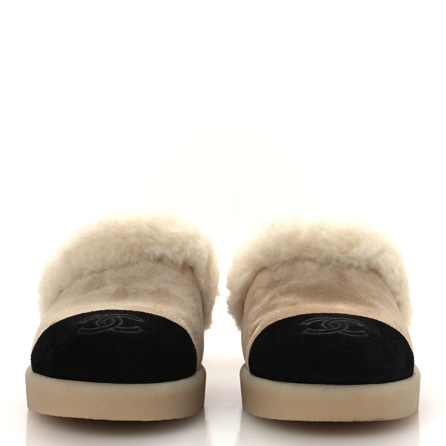 Suede Shearling CC Cap Toe Mules 38.5 Beige Black