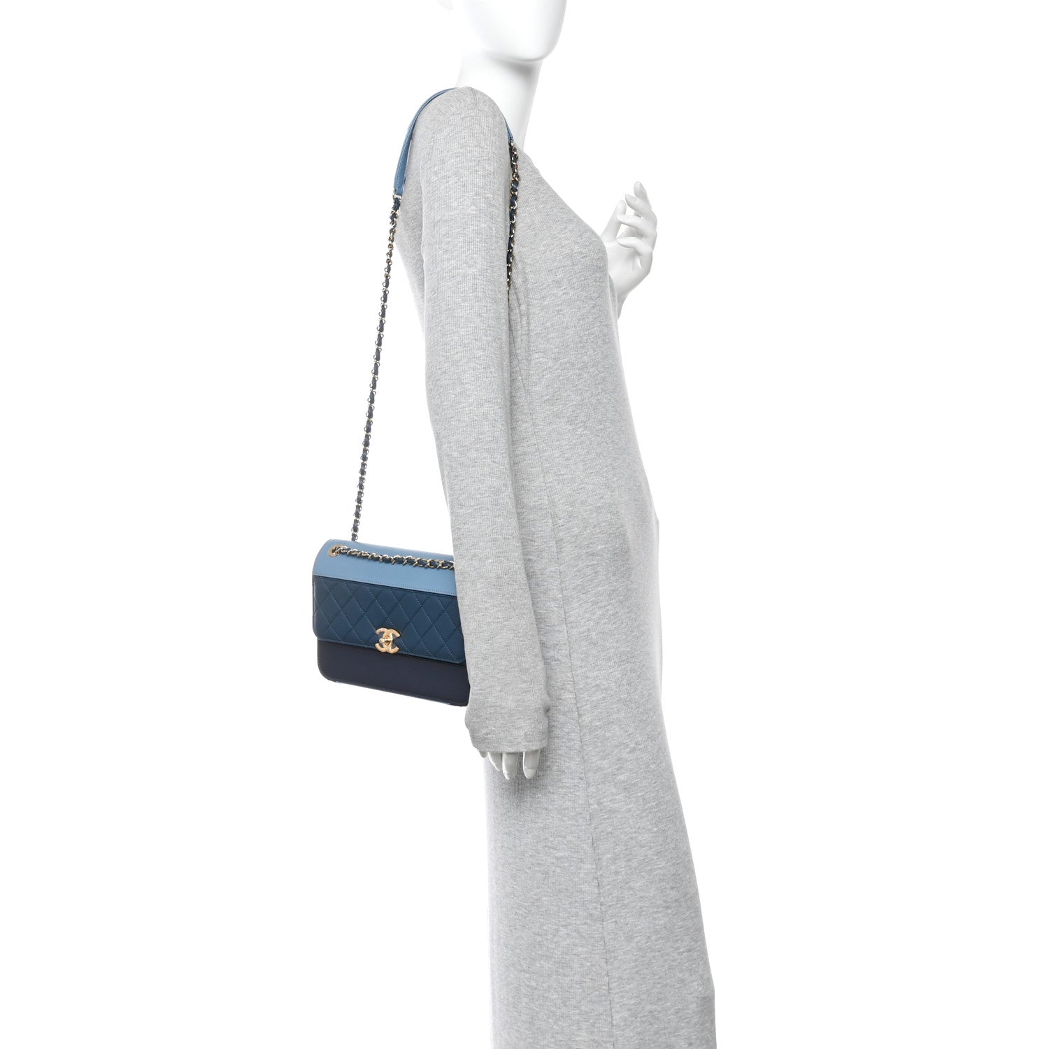 Lambskin Calfskin Quilted Shoulder Flap Bag Dark Blue Light Blue