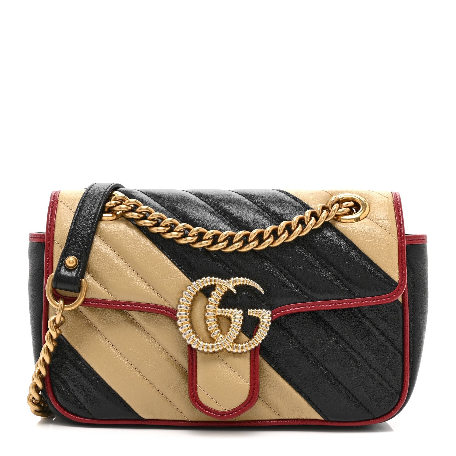 Vintage Effect Calfskin Matelasse Diagonal Striped Mini Torchon GG Marmont Shoulder Bag Black Beige
