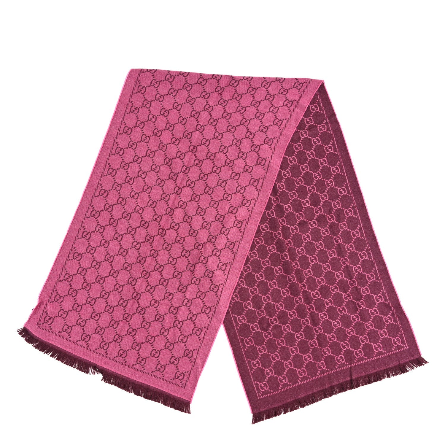 Wool Jacquard GG Monogram Sten Fringe Scarf Magenta Bordeaux