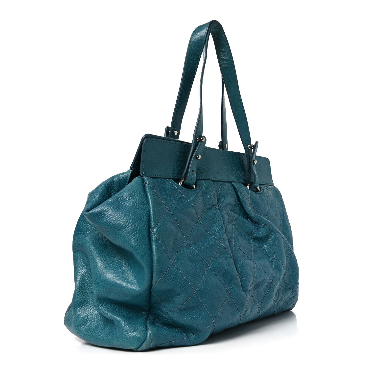 Glazed Calfskin Large On The Road Large Frame Tote Blue